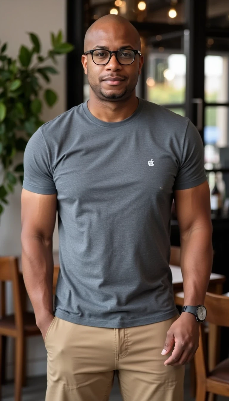 iPhone Photorealistic Full body image. make him more realistic and similar. Tech CEO, He is wearing a grey t shirt, tan khakis and modern Ray-Ban reading glasses. Slim but muscular build. He is facing the camera directly, as if the paparazzi is shooting him while he is at a restaurant. He looks like a confident stud, CSTMDL, Face of Carter and bald head