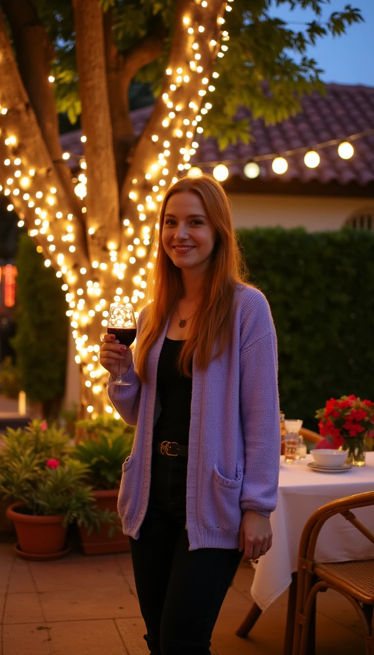 A full body shot photo of a woman standing outdoors at a cozy, warmly lit patio in the evening, with soft, glowing lights wrapped around a tree behind them creating a charming atmosphere. The image is rich in detail, with warm tones and clear textures throughout. The woman has fair skin, a slim build, and long reddish-blonde hair, also worn loose. She is smiling warmly at the camera, holding a glass of red wine in her right hand, and wears a soft-textured lavender cardigan over a black top. The background features a large tree with sparkling string lights wrapped around its trunk and branches, adding a magical touch to the scene. The setting suggests a private outdoor seating area, with elements like terracotta-tiled roofing, greenery, and rattan chairs contributing to a serene, inviting vibe. The overall composition is balanced, with the woman framed against the softly glowing tree, and the lighting enhances the warm, intimate feel of a quiet evening shared among friends. The details are vivid, with textures of clothing, skin, and background elements clearly visible, while the warm lighting creates a relaxed and joyful mood