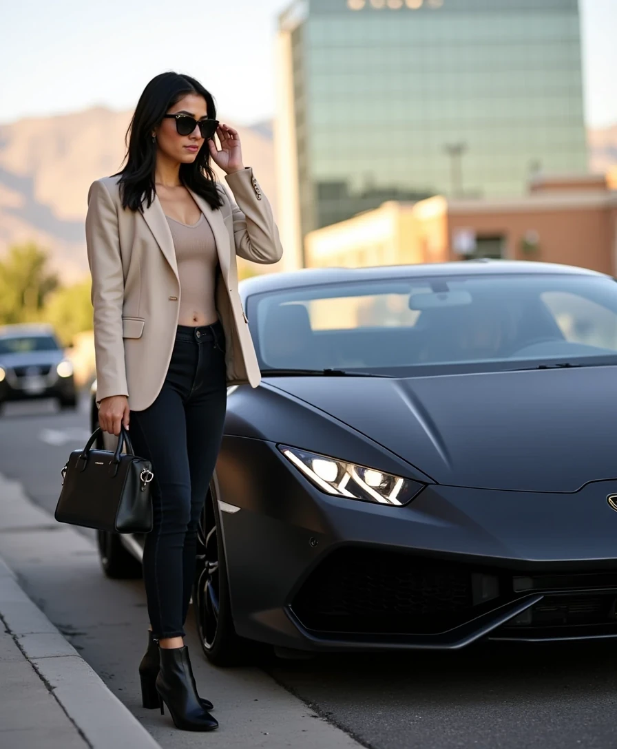 iPhone-style photograph of a stunning CSTMDL woman captured outdoors in soft early-morning light. She’s beside a sleek matte-black Lamborghini Huracán parked on a modern city street, with faint mountains in the background hinting at Denver. She’s wearing a fitted cream blazer over a neutral top, dark jeans, designer sunglasses, and high-heeled boots. A designer handbag rests casually near her as she adjusts her hair with one hand and glances off-camera with quiet confidence. The scene feels candid, as if taken moments before she steps into the car on her way to a photoshoot. Warm natural light, realistic reflections on the car’s surface, cinematic yet believable influencer-style atmosphere.
–no airbrushed skin, no studio glamour lighting, no plastic shine, no distorted anatomy, no exaggerated proportions.