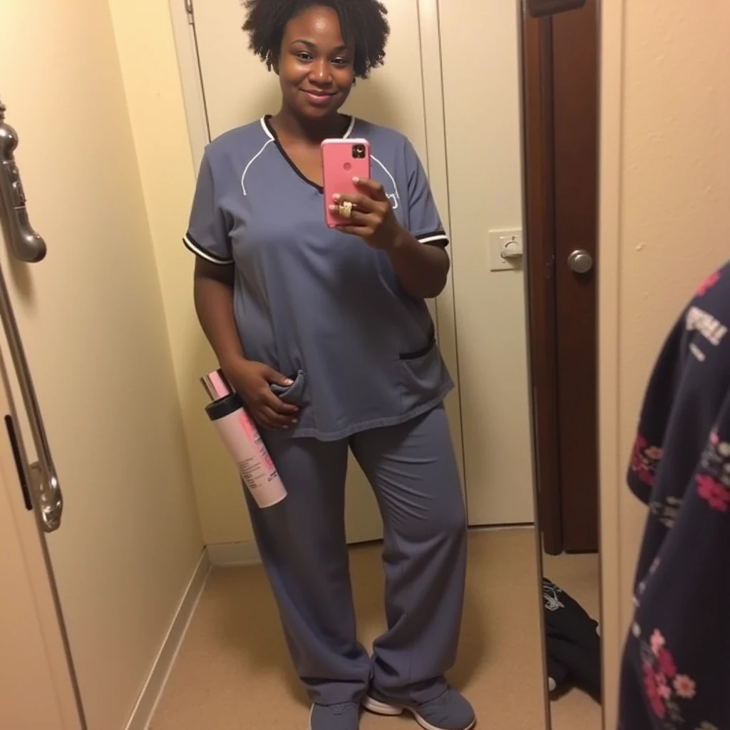 boring low quality snapchat photo circa 2015, mirror photo, mirror shot, cute woman, thick body, standing, full body, big butt, nurse, short curly hair, short hair, lightskin, African American, huge butt, short, facial, bbl, chubby, big ass