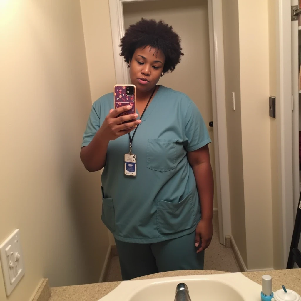 boring low quality snapchat photo circa 2015, mirror photo, mirror shot, cute woman, thick body, standing, full body, big butt, nurse, short curly hair, short hair, lightskin, African American, huge butt, short, facial, bbl, chubby, big ass