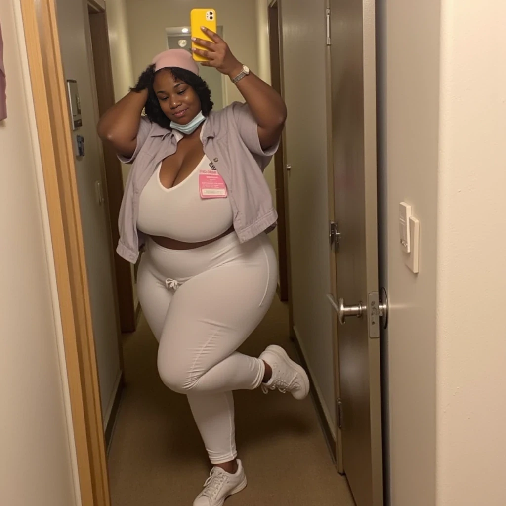 boring low quality snapchat photo circa 2015, mirror photo, mirror shot, cute woman, thick body, standing, full body, big butt, nurse, short curly hair, short hair, lightskin, African American, huge butt, short, facial, bbl, chubby, big ass
