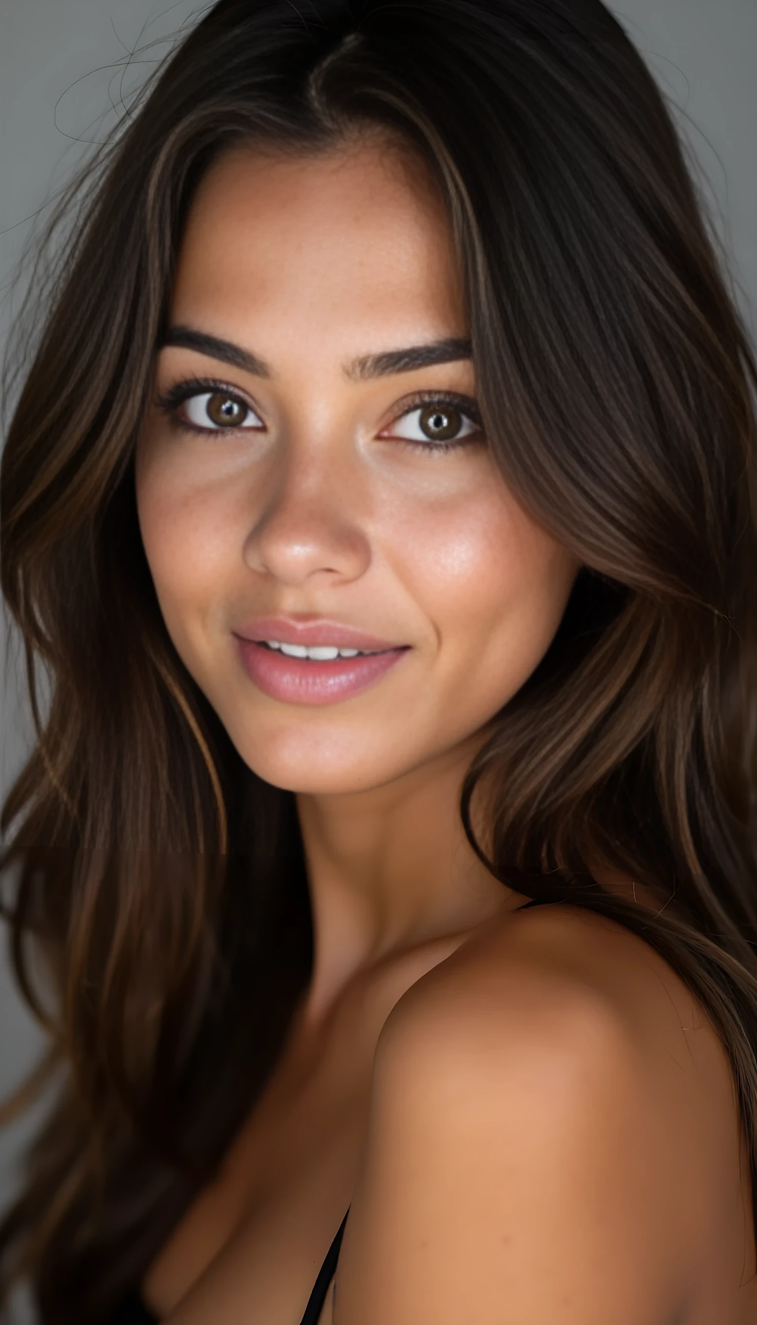 A studio-quality portrait photo full face of a beautiful 21 years old model, mixed ethnicity of half white American half Brazilian, with brunette hair, ultra detailed eyes with sharp iris reflections, slight smile