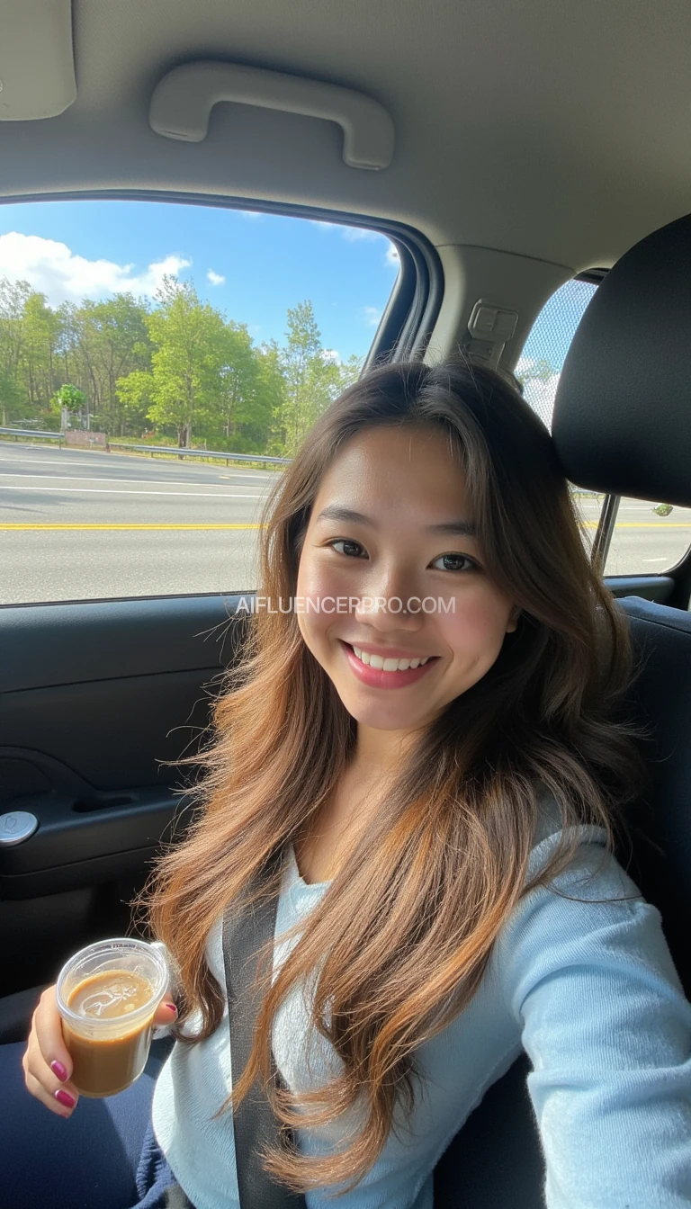 boring low quality snapchat photo circa 2015, A Indonesian young woman with a warm smile, sitting in the driver's seat of a cozy car. She has soft, wavy brown hair cascading past her shoulders. The sunlight streams through the window, casting a gentle glow on her face. The interior of the car is neat and comfortable, with a coffee cup in the cup holder and a small plant on the dashboard. The background outside the window shows a scenic road lined with trees and blue skies