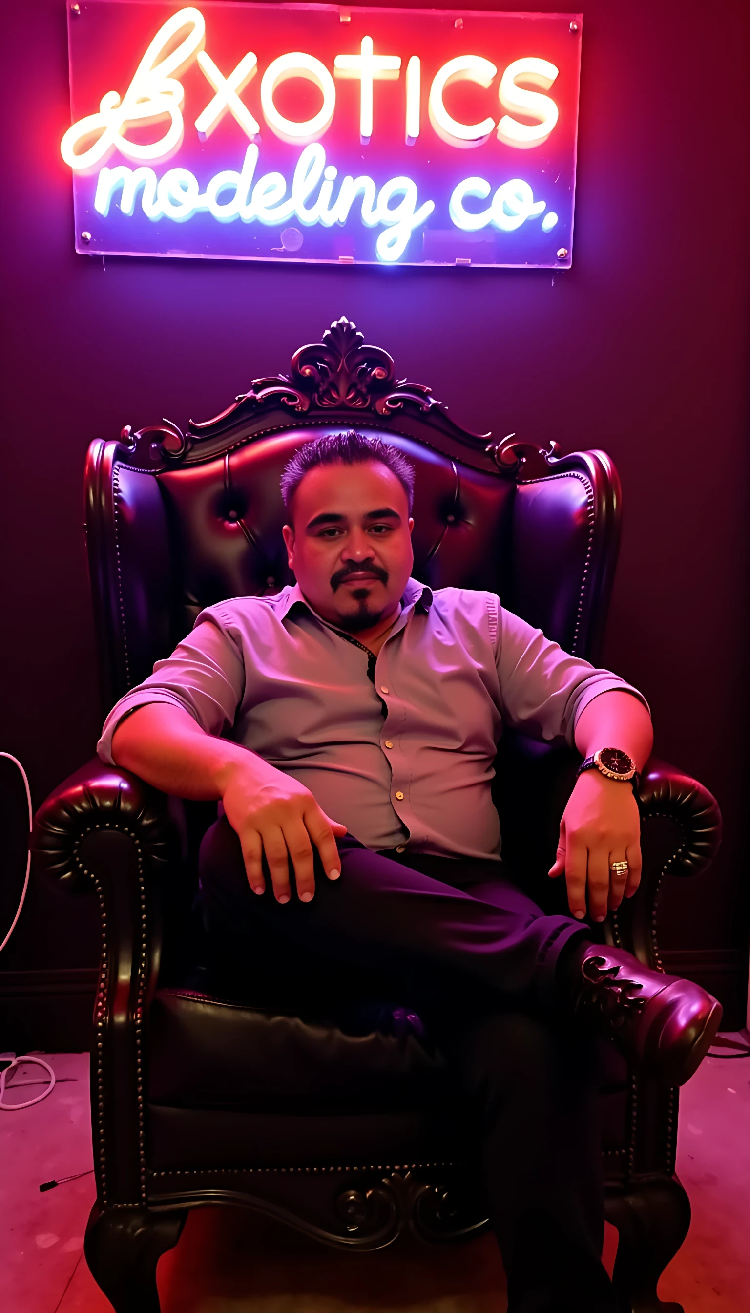 Man average body wearing a Burberry dress shirt and a Rolex watch  and black jeans and  Burberry shoes shoes seating leg crossed on a king’s chair with a neon sign saying EXOTICS MODELING CO. on the background 