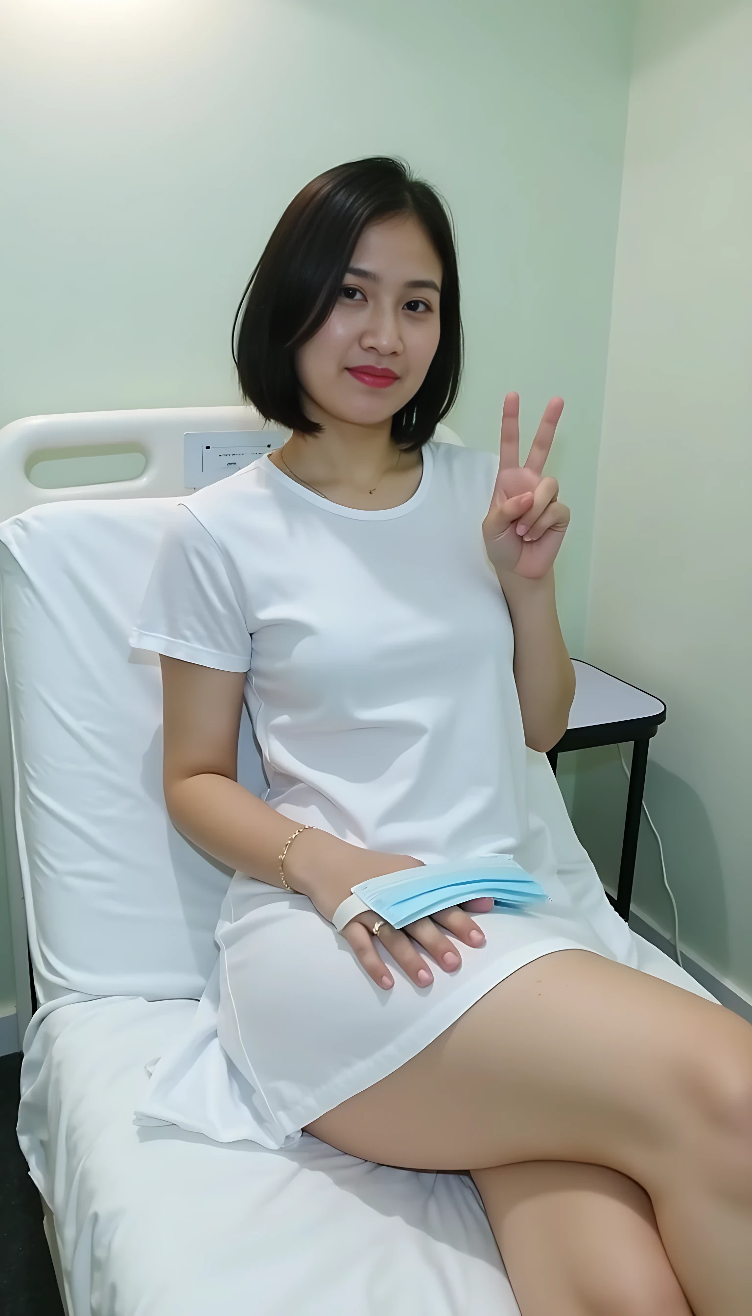 at hospital bed, short black hairs, hospital dress, making Victory sign, nurse with mask on near, naked legs ,photo of woman CSTMDL
