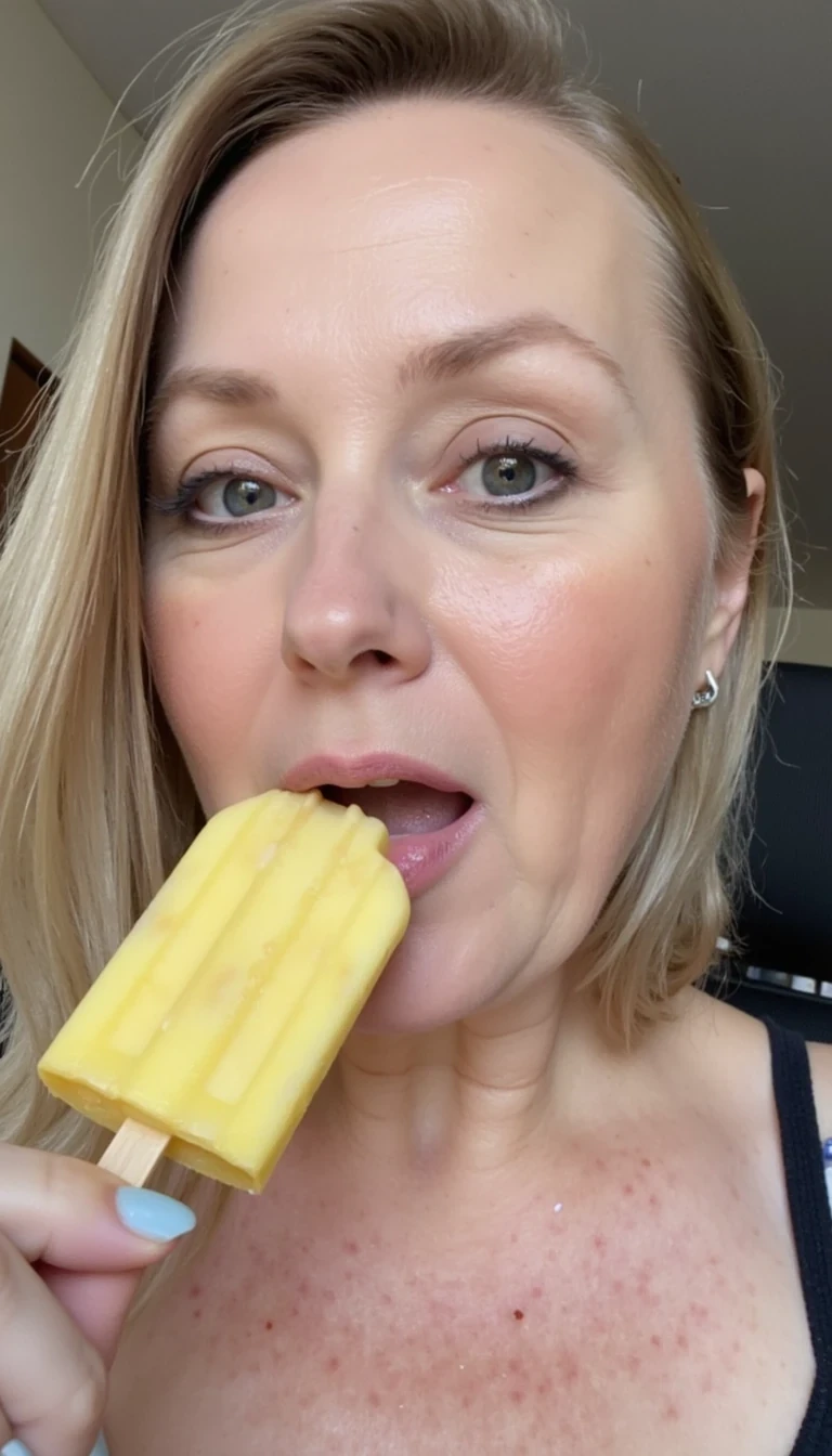 photo of CSTMDL, sucking on popsicle, show tongue.  Remove wrinkles on my face.  