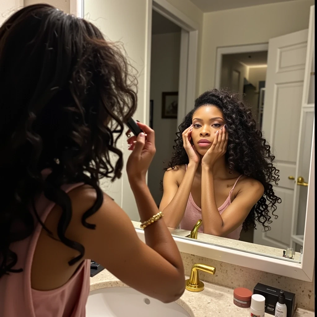 Arrival Prep
Shot on Leica M11, 50mm f/1.4, ISO 640, 1/200 sec. Model touching up makeup in jet bathroom mirror. Dior beauty products displayed. Natural skin texture under vanity lighting. Background: Marble finishes, gold fixtures. Intimate, behind-the-scenes feel.
 CSTMDL