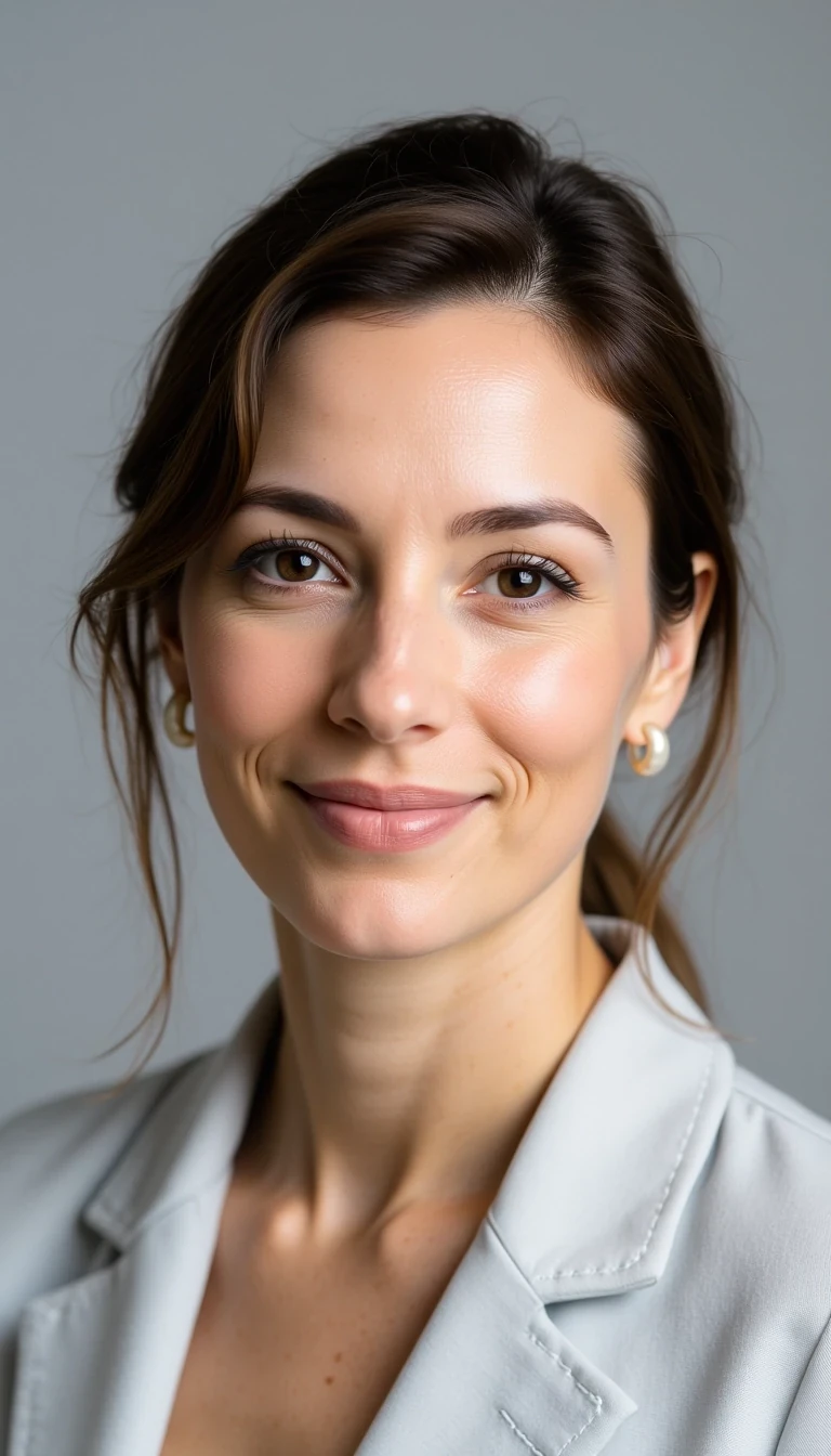 Business headshot, light grey background, direct eye contact, confident expression, simple pearl earrings, CSTMDL woman