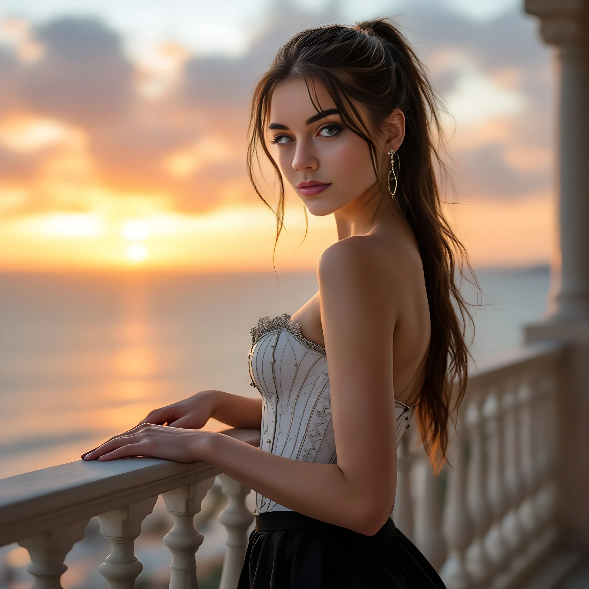 ultra realistic, 19 year old slavic girl dressed in a white classy corset, a black skirt, leaning against balcony overlooking the ocean sunset, hair in a ponytail, facing the camera. perfect hands, perfect arms, highly detailed face IMG_1018.HEIC