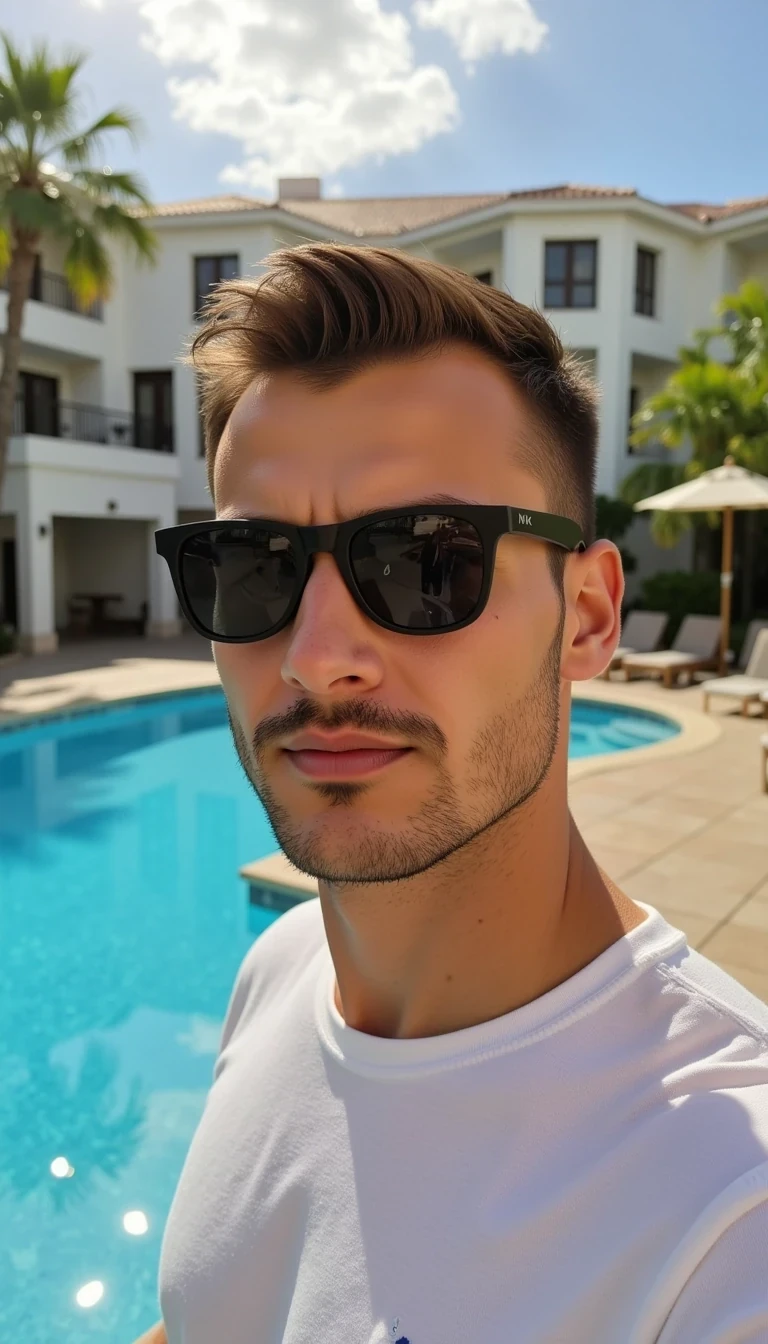 Photorealistic upper body portrait of a young handsome man at a luxury hotel poolside. The shot is from the waist up. He has a fit athletic build, stylish short haircut and light stubble. He is wearing fashionable sunglasses and Apple AirPods Pro in his ears. The man has a serious expression, slightly frowning as he looks toward the camera. Soft natural daylight, cinematic realism, influencer lifestyle aesthetic, ultra-detailed, 8K
The photo feels cinematic, influencer-style, high quality, professional composition.
Well lit picture, Style: Photorealistic Lighting: studio lighting 
Details: Bright Lighting, High Detail, 4K
he stand infront of camera , photoghraped by a photograph
