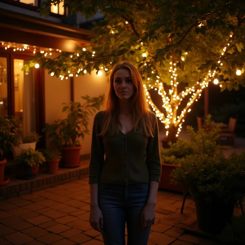 A full body shot photo of a woman standing outside the house cozy, warmly lit patio in the evening, with soft, glowing lights wrapped around a tree behind them creating a charming atmosphere. The image is rich in detail, with warm tones and clear textures throughout. The woman has fair skin, a slim build, and long reddish-blonde hair,