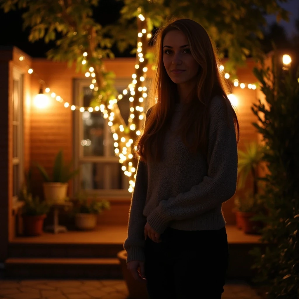 A full body shot photo of a woman standing outside the house cozy, warmly lit patio in the evening, with soft, glowing lights wrapped around a tree behind them creating a charming atmosphere. The image is rich in detail, with warm tones and clear textures throughout. The woman has fair skin, a slim build, and long reddish-blonde hair,