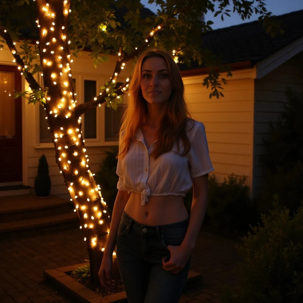 A full body shot photo of a woman standing outside the house cozy, warmly lit patio in the evening, with soft, glowing lights wrapped around a tree behind them creating a charming atmosphere. The image is rich in detail, with warm tones and clear textures throughout. The woman has fair skin, a slim build, and long reddish-blonde hair,