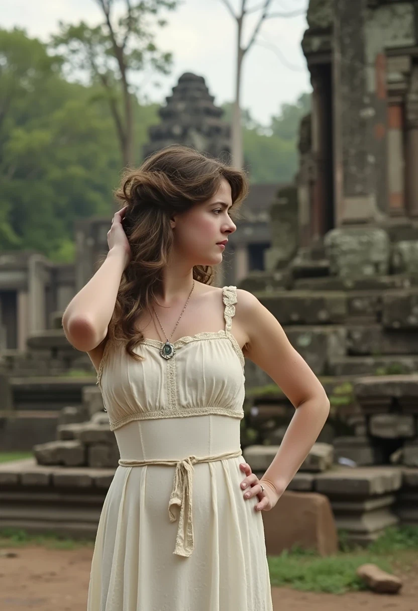Medium shot of woman CSTMDL, brunette, small pendant, no watch, no ring, hair tied, blue eyes, vintage early 1900 white dress. Her dress is pride and covering her shoulders and most of her body.
She’s working as an archaeologist at Angkor temple. Khmer ruins in the jungle are in the background 
