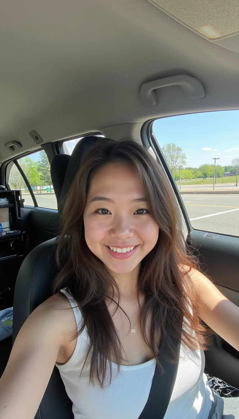boring low quality snapchat photo circa 2015, A sexy, fresh, young Japanese - european mix woman with a warm smile, sitting in the driver's seat of a cozy car. She has lush, wavy brown hair cascading past her shoulders. The sunlight streams through the window, casting a gentle glow on her face. The interior of the car is neat and comfortable, with a coffee cup in the cup holder and a small plant on the dashboard. The background outside the window shows a scenic road lined with trees and blue skies