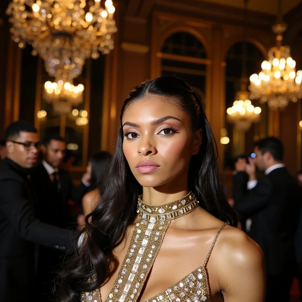 Paris Fashion Week Harper's Event
Shot on Leica M11, 75mm f/1.4, ISO 400, 1/250 sec. Captured at Ritz Paris. Model in Balmain couture with gold thread and crystal embellishment. Strategic beauty lighting emphasizing high cheekbones and graceful neck line. Carine Roitfeld-inspired styling. Background: French fashion editors, vintage chandeliers, champagne towers creating bokeh effect at f/2.
 CSTMDL