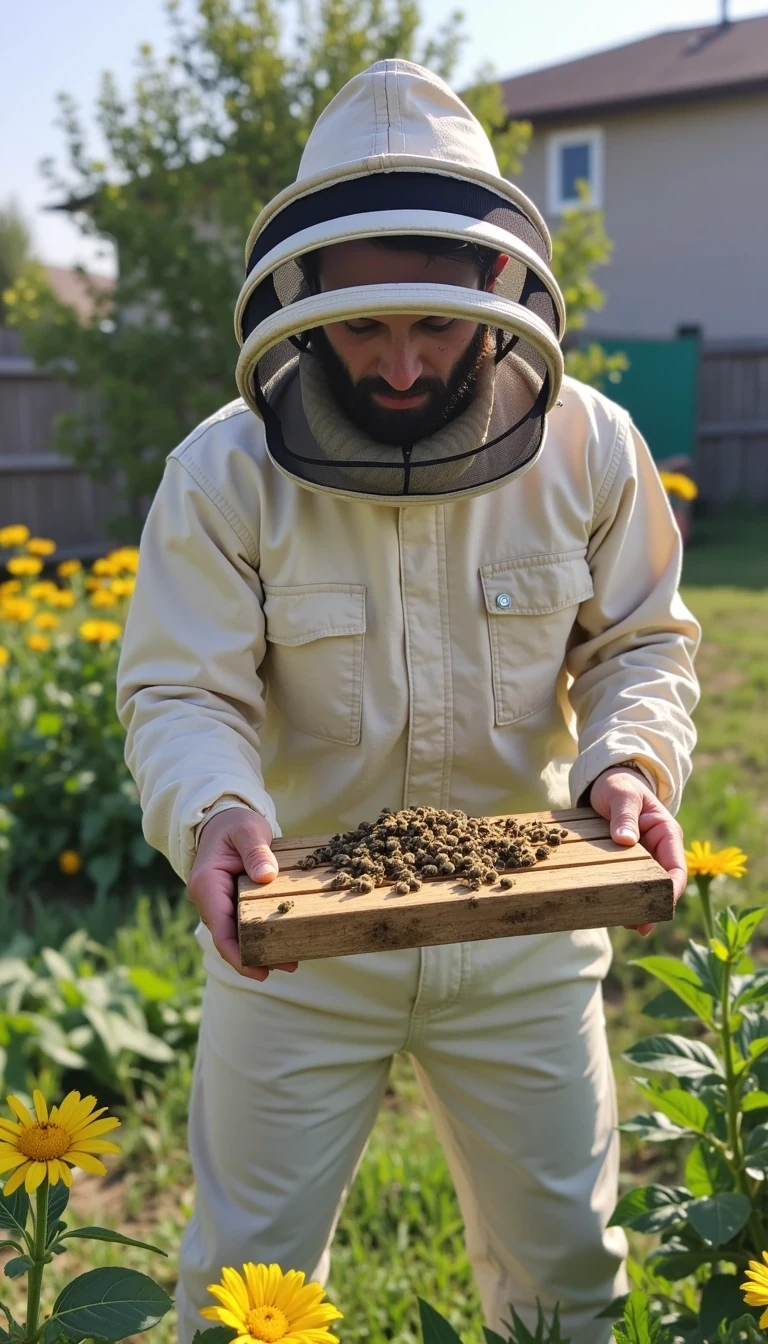 Samuel is outside in the garden. You can clearing see him kissing bees on the mouth. Thousands of bees


