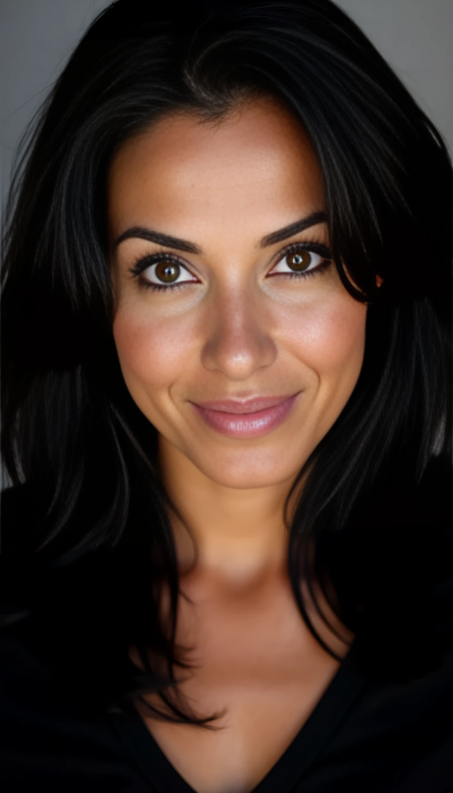 A portrait photo of a beautiful 43 years old model, mixed ethnicity of half white American half Brazilian, with jet black hair, deep brown eyes, ultra detailed eyes with sharp iris reflections, slight smile, studio-quality, extremely realistic HD