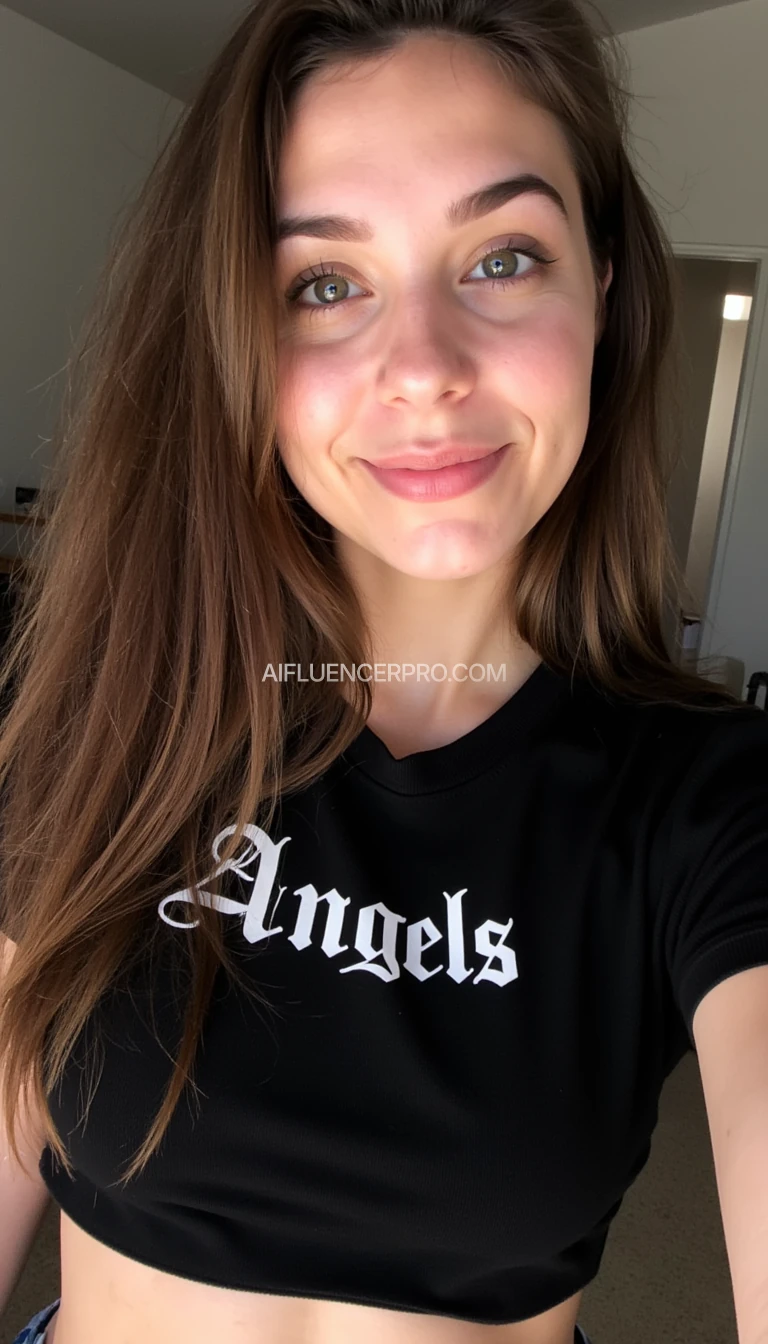 snapchat style picture of girl with thick brown hair wearing a black croptop shirt that says "Angels" above the chest
