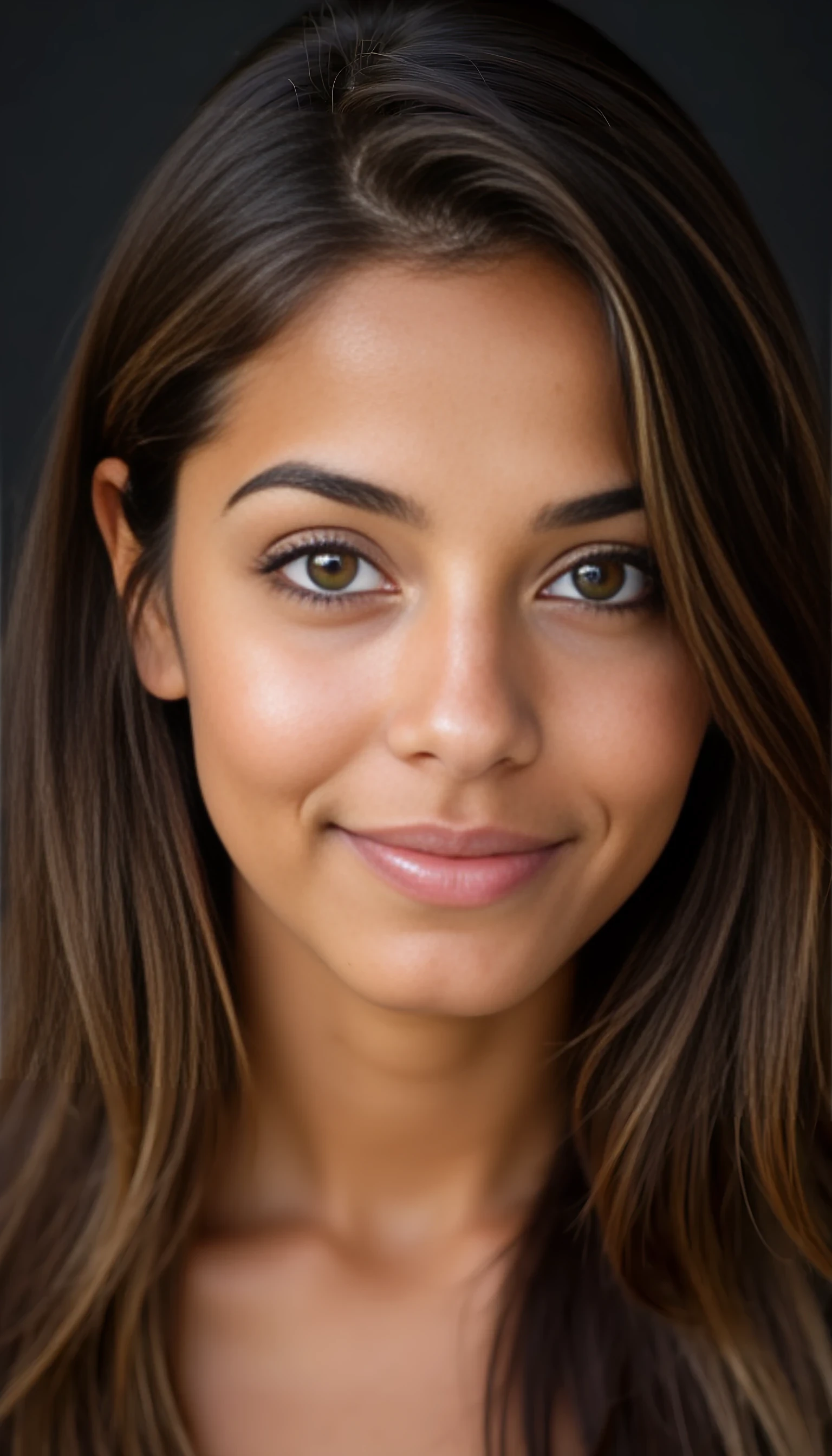 A studio-quality portrait photo full face of a beautiful 21 years old model, mixed ethnicity of half white American half Brazilian, with brunette hair, ultra detailed eyes with sharp iris reflections, slight smile