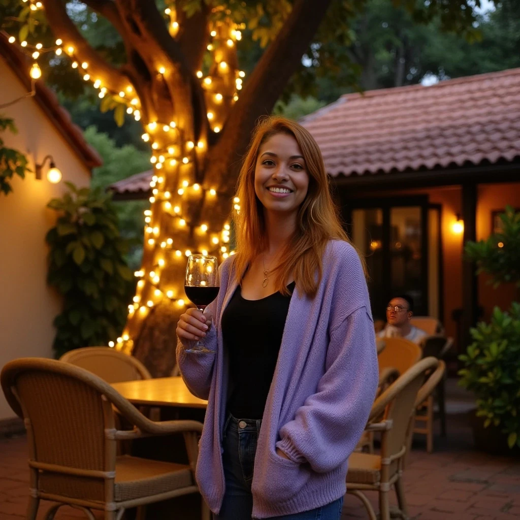 A full body shot photo of a woman standing outdoors at a cozy, warmly lit patio in the evening, with soft, glowing lights wrapped around a tree behind them creating a charming atmosphere. The image is rich in detail, with warm tones and clear textures throughout. The woman has fair skin, a slim build, and long reddish-blonde hair, also worn loose. She is smiling warmly at the camera, holding a glass of red wine in her right hand, and wears a soft-textured lavender cardigan over a black top. The background features a large tree with sparkling string lights wrapped around its trunk and branches, adding a magical touch to the scene. The setting suggests a private outdoor seating area, with elements like terracotta-tiled roofing, greenery, and rattan chairs contributing to a serene, inviting vibe. The overall composition is balanced, with the woman framed against the softly glowing tree, and the lighting enhances the warm, intimate feel of a quiet evening shared among friends. The details are vivid, with textures of clothing, skin, and background elements clearly visible, while the warm lighting creates a relaxed and joyful mood