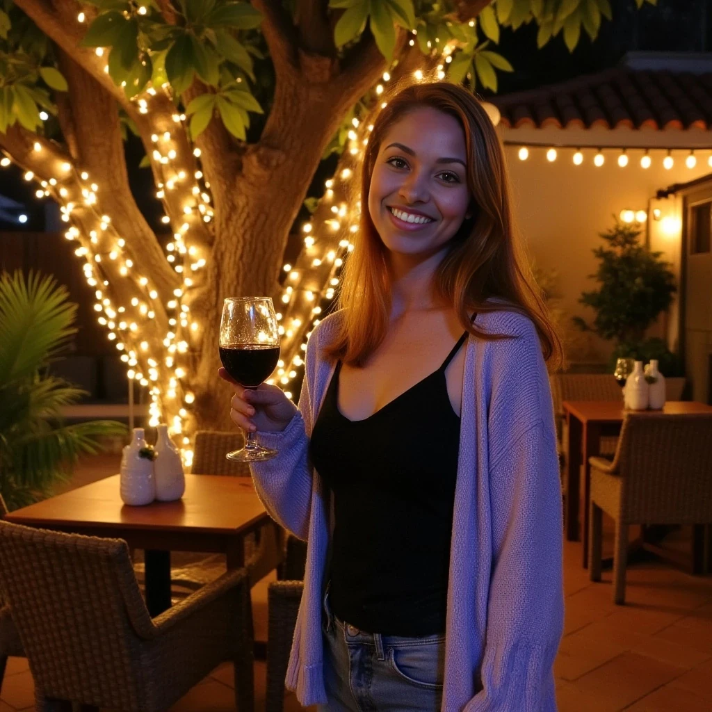 A full body shot photo of a woman standing outdoors at a cozy, warmly lit patio in the evening, with soft, glowing lights wrapped around a tree behind them creating a charming atmosphere. The image is rich in detail, with warm tones and clear textures throughout. The woman has fair skin, a slim build, and long reddish-blonde hair, also worn loose. She is smiling warmly at the camera, holding a glass of red wine in her right hand, and wears a soft-textured lavender cardigan over a black top. The background features a large tree with sparkling string lights wrapped around its trunk and branches, adding a magical touch to the scene. The setting suggests a private outdoor seating area, with elements like terracotta-tiled roofing, greenery, and rattan chairs contributing to a serene, inviting vibe. The overall composition is balanced, with the woman framed against the softly glowing tree, and the lighting enhances the warm, intimate feel of a quiet evening shared among friends. The details are vivid, with textures of clothing, skin, and background elements clearly visible, while the warm lighting creates a relaxed and joyful mood