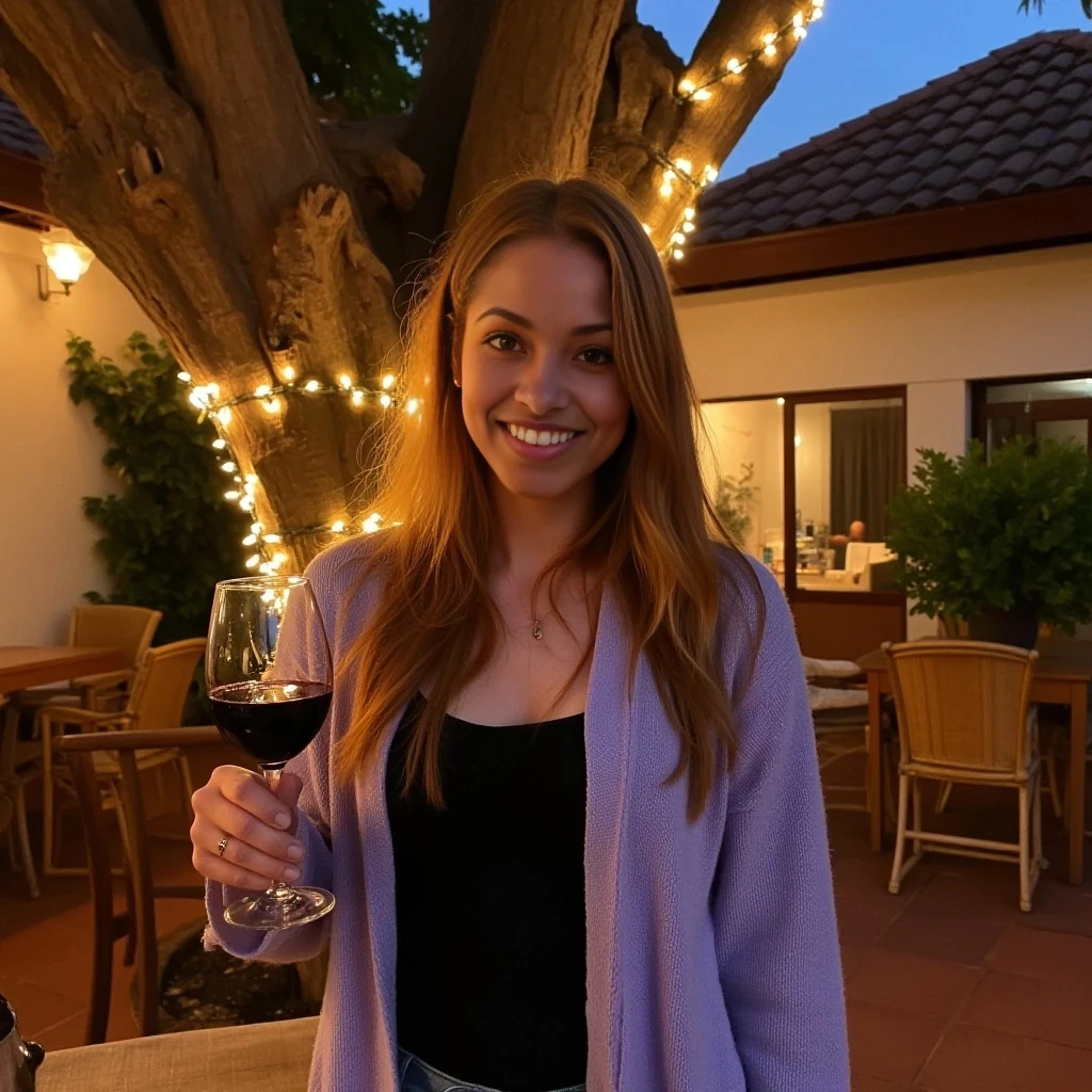 A full body shot photo of a woman standing outdoors at a cozy, warmly lit patio in the evening, with soft, glowing lights wrapped around a tree behind them creating a charming atmosphere. The image is rich in detail, with warm tones and clear textures throughout. The woman has fair skin, a slim build, and long reddish-blonde hair, also worn loose. She is smiling warmly at the camera, holding a glass of red wine in her right hand, and wears a soft-textured lavender cardigan over a black top. The background features a large tree with sparkling string lights wrapped around its trunk and branches, adding a magical touch to the scene. The setting suggests a private outdoor seating area, with elements like terracotta-tiled roofing, greenery, and rattan chairs contributing to a serene, inviting vibe. The overall composition is balanced, with the woman framed against the softly glowing tree, and the lighting enhances the warm, intimate feel of a quiet evening shared among friends. The details are vivid, with textures of clothing, skin, and background elements clearly visible, while the warm lighting creates a relaxed and joyful mood