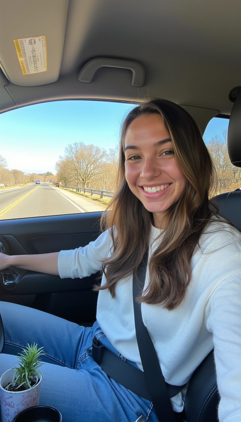 boring low quality snapchat photo circa 2015, A young woman with a warm smile, sitting in the driver's seat of a cozy car. She has soft, wavy brown hair cascading past her shoulders. The sunlight streams through the window, casting a gentle glow on her face. The interior of the car is neat and comfortable, with a coffee cup in the cup holder and a small plant on the dashboard. The background outside the window shows a scenic road lined with trees and blue skies