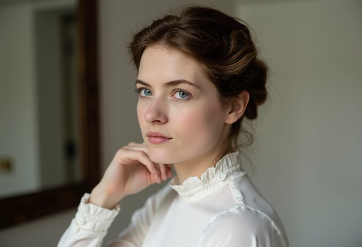 photo of woman CSTMDL, brunette, blue eyes, cold smile, 1900 white clothes, tied hair, medium photo