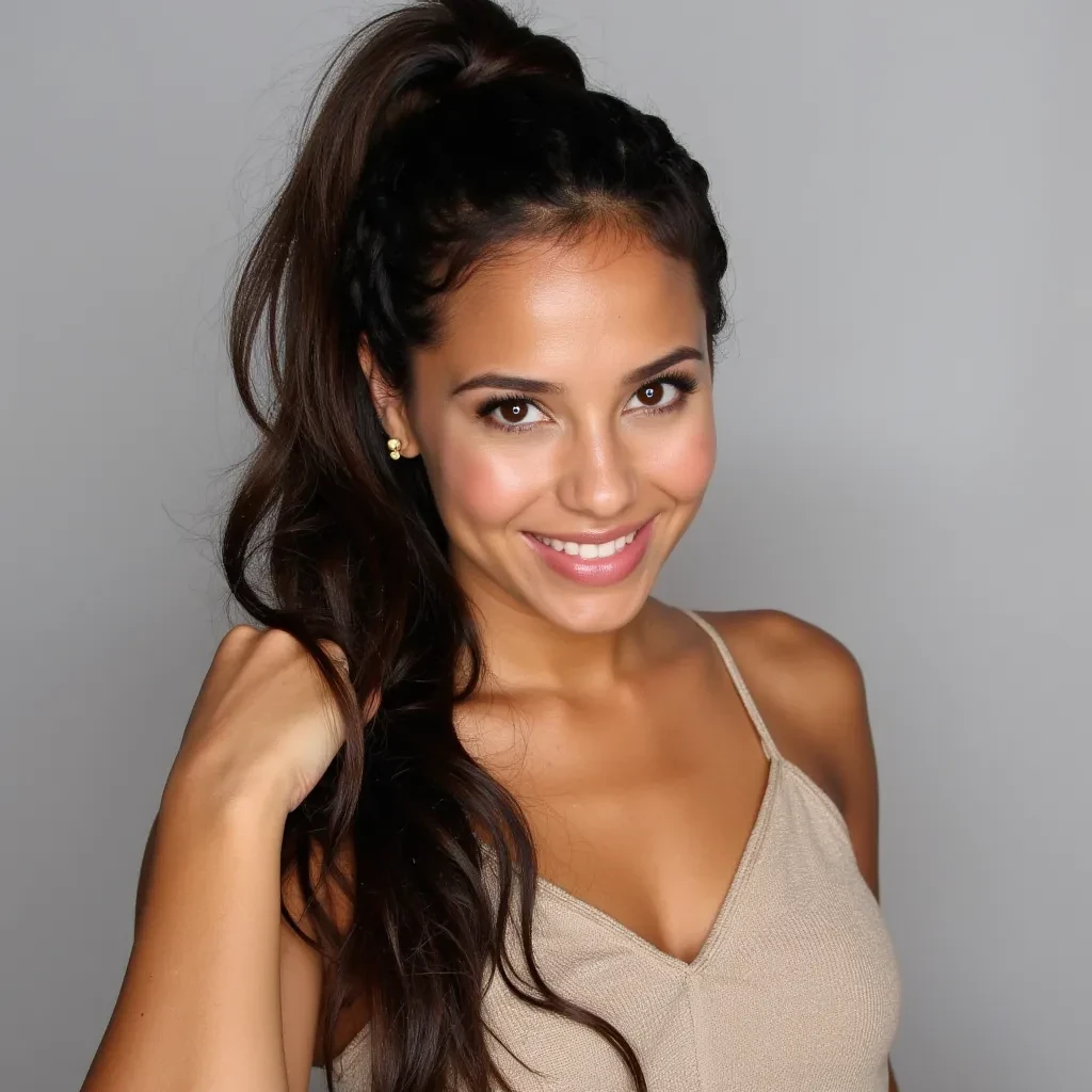Camila has a striking beauty that reflects her Latin roots — glowing sun-kissed skin, deep hazel eyes framed by long lashes, and full, expressive lips that make every pout or smirk pop on camera. Her long, dark chestnut hair falls in beachy waves, often styled in high ponytails or braided designs that complement her confident vibe.