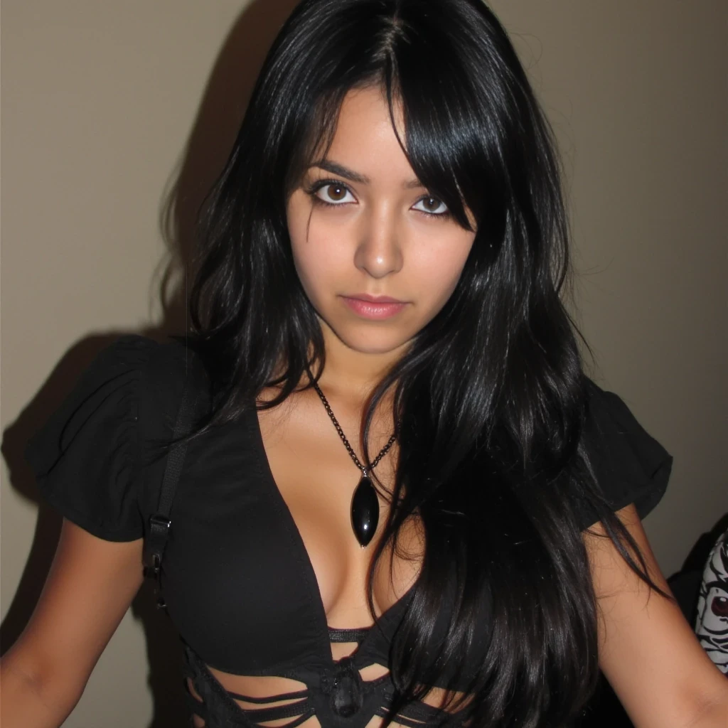 boring low quality snapchat photo circa 2015,very young girl ,expressive brown eyes, streamer, influencer, long black hair, parted hair , armpit hair, solo, perfect proportions, embarrassed, olive skin , horny, natural sized breasts  ,thick thighs, wide hips,(closed mouth) , [sweaty shiny skin] , eye liner, cute goth outfit, deep cleavage, penis bulge, curvy, (intricate details) , ((very aesthetic))