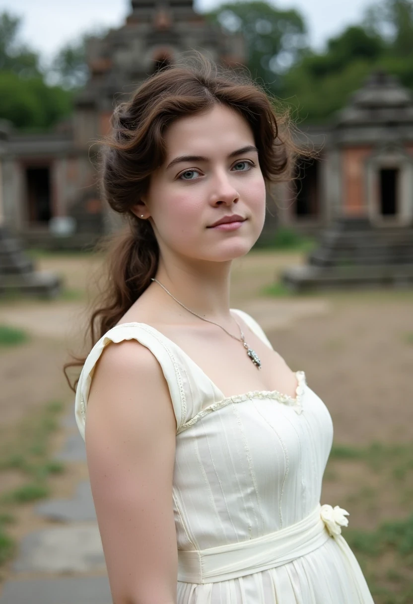 woman CSTMDL, photo ((medium)), brunette, blue eyes, cold smile, 1900 white dress, small pendant, tied hair, big breast, thin waistcambodian khmer ruins in background
