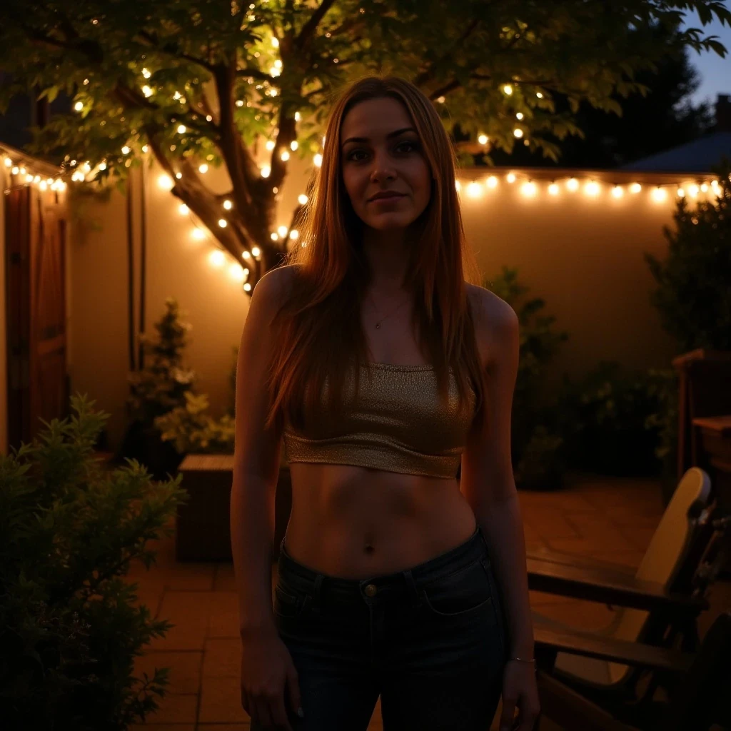A full body shot photo of a woman standing outside the house cozy, warmly lit patio in the evening, with soft, glowing lights wrapped around a tree behind them creating a charming atmosphere. The image is rich in detail, with warm tones and clear textures throughout. The woman has fair skin, a slim build, and long reddish-blonde hair,
