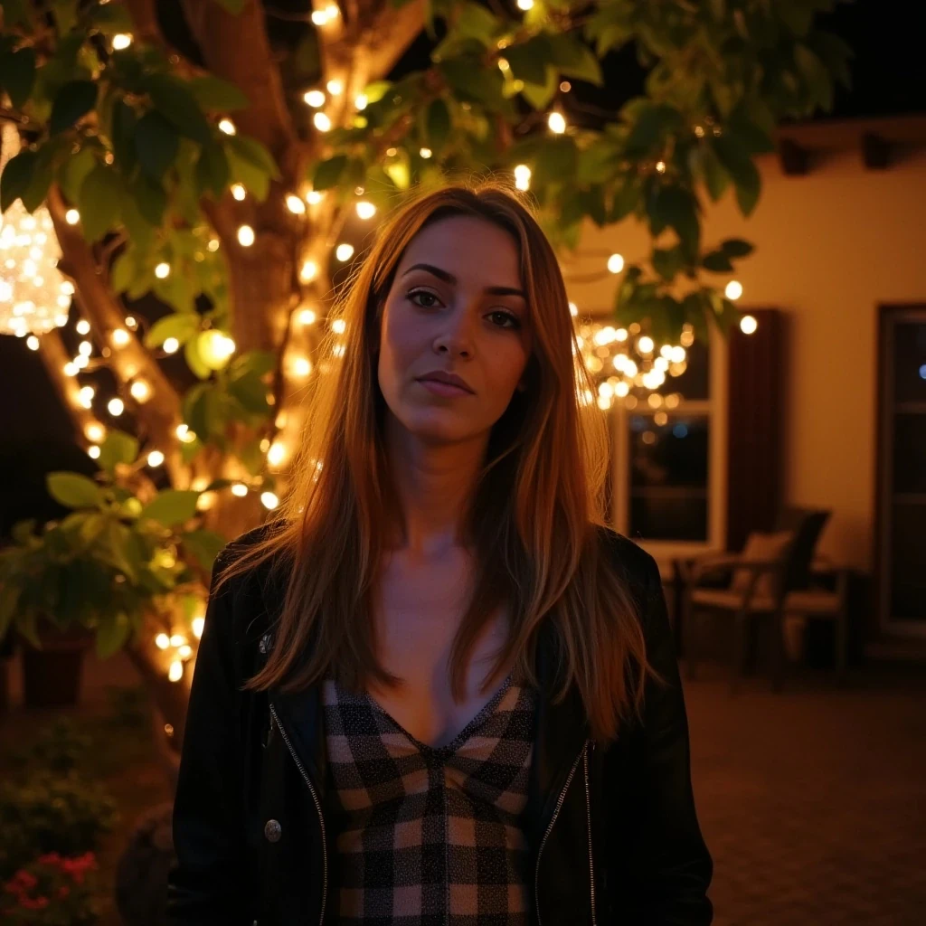 A full body shot photo of a woman standing outside the house cozy, warmly lit patio in the evening, with soft, glowing lights wrapped around a tree behind them creating a charming atmosphere. The image is rich in detail, with warm tones and clear textures throughout. The woman has fair skin, a slim build, and long reddish-blonde hair,