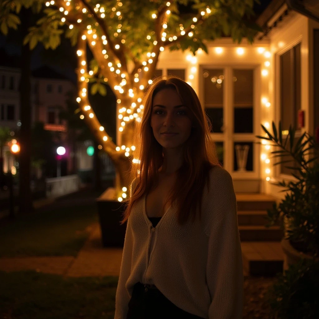 A full body shot photo of a woman standing outside the house cozy, warmly lit patio in the evening, with soft, glowing lights wrapped around a tree behind them creating a charming atmosphere. The image is rich in detail, with warm tones and clear textures throughout. The woman has fair skin, a slim build, and long reddish-blonde hair,