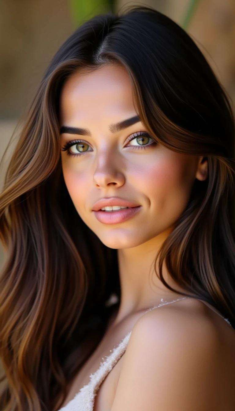 CSTMDL, ultra photorealistic close-up portrait of a stunning 24-year-old woman with long wavy brunette hair, green eyes, natural makeup, soft warm smile, lifestyle Instagram headshot, DSLR 85mm lens, blurred background --exclude cartoon, anime, cgi, illustration, doll-like, AI glow













