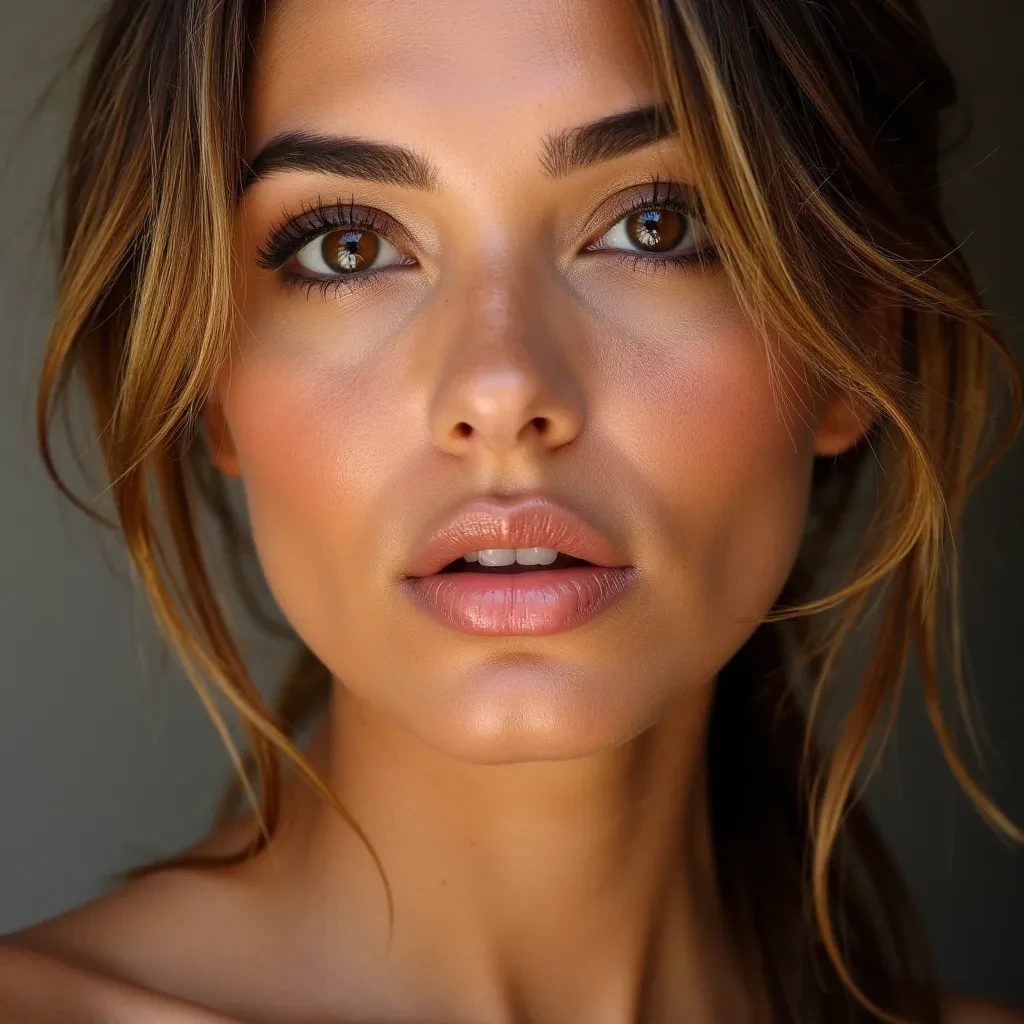 Strikingly seductive face with intense almond-shaped hazel eyes, long voluminous lashes, pouty full lips with a slight smirk, sculpted cheekbones, golden tan skin with a slight post-workout glow, well-groomed arched eyebrows, natural makeup with glossy lips and soft contouring, subtle nose highlight, messy strands of soft caramel-brown hair falling loosely over forehead, confident and flirtatious expression, light sweat shimmer on skin.