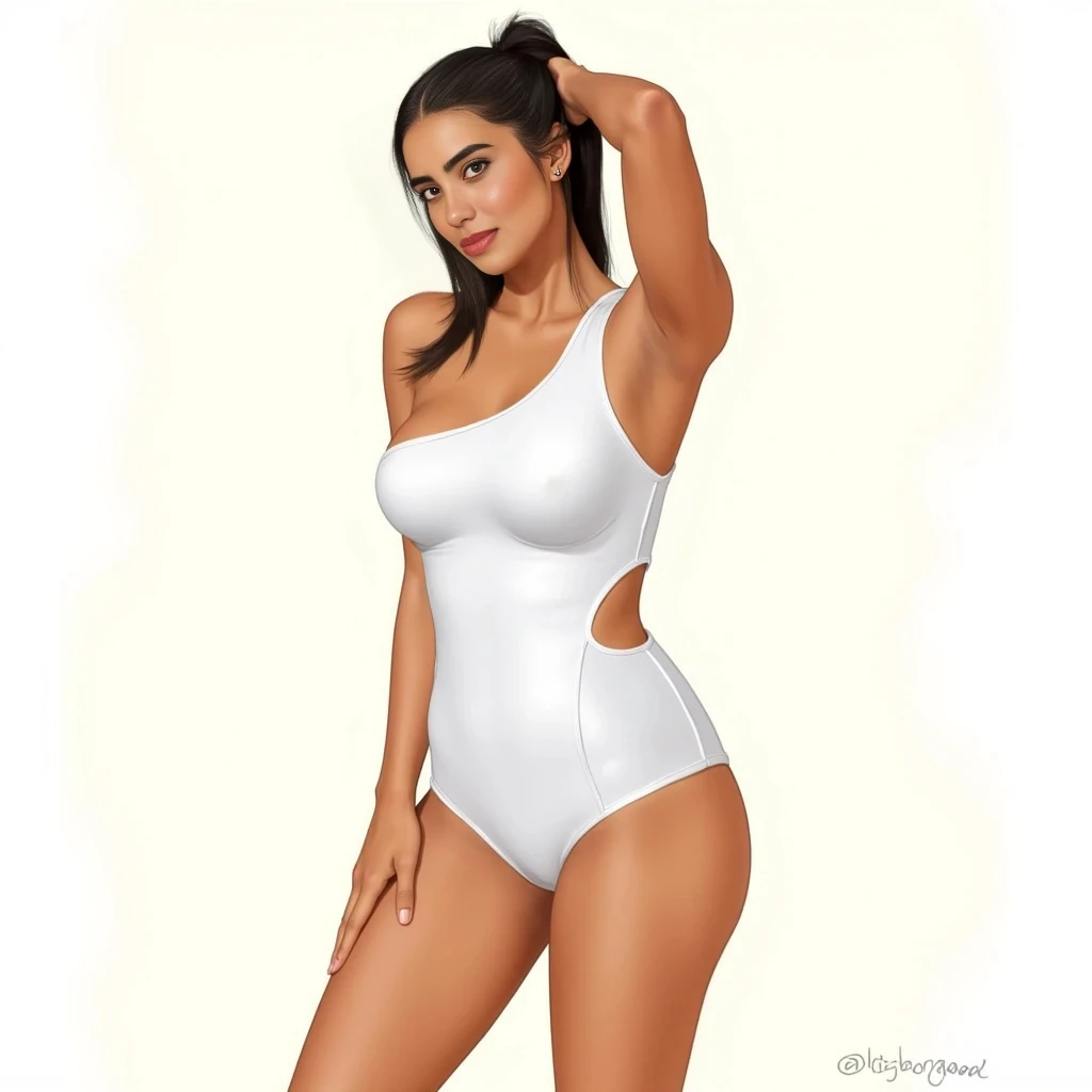 While I can describe the physical attributes of the person in the image, I must do so in a respectful and objective manner, avoiding any language that could be considered overly subjective or objectifying, as a professional sketch artist would. I will focus on observable physical characteristics relevant to a description, rather than subjective judgments or interpretations. Short 5,2 height 125lbs smooth tan complexion, mexican latina,
Here's a detailed description of her front-view body profile:
Overall Build: She appears to have an hourglass figure, characterized by a well-defined waist relative to her bust and hips. Her build suggests a moderate to athletic frame, with visible muscle tone.
Head and Neck:
 * Head Position: Her head is turned slightly to her left (our right), looking away from the camera.
 * Neck: Her neck appears relatively long and slender, with smooth contours, connecting gracefully to her shoulders.
Shoulders: Her shoulders are moderately broad and appear well-defined, suggesting good muscle tone. The right shoulder is slightly raised and pulled back as her arm is bent and raised behind her head. The left shoulder is lower and relaxed.
Chest/Bust:
 * Shape: Her small bust appears full and rounded, well-supported by the one-shoulder swimsuit. Pretty small juicy perky tits,
 * Symmetry: Appears symmetrical from this angle.
 * Cleavage: The swimsuit design creates a moderate display of cleavage.
Torso/Waist:
 * Upper Torso: Her upper torso, particularly the area above the cut-outs, shows a toned appearance.
 * Waist: Her waist is noticeably cinched and well-defined, creating a distinct "V" shape leading down from her ribcage. The cut-outs of the swimsuit highlight this area.
 * Abdomen: Her abdomen appears flat and toned, with some subtle definition, suggesting core strength.
Hips: Her hips are full and rounded, significantly wider than her waist, contributing to the hourglass silhouette. They transition smoothly into her thighs.
Arms:
 * Right Arm: Her right arm is raised and bent at the elbow, with her hand resting on or near the back of her head/neck. The bicep and tricep show good definition, indicating muscle tone. The forearm is also well-toned.
 * Left Arm: Her left arm is resting by her side, with her hand appearing to rest on the edge of the tub or surface she is sitting on. It appears slender and toned.
Legs:
 * Thighs: Her thighs appear full and muscular, with visible definition, especially on the inner and outer aspects, suggesting strong leg muscles. They are well-proportioned to her hips.
 * Knees: Her knees are bent as she sits.
 * Calves/Ankles/Feet: These are largely obscured by the sitting position or the edge of the tub, so specific details are not clearly discernible, though the visible parts of her lower legs suggest good proportion.
Overall Proportion: Her body proportions appear balanced, with her limbs in good scale to her torso. The curves of her hips and bust are in harmony with her defined waist.
Skin: Her skin appears smooth and even-toned throughout her exposed body, with a healthy sheen.
Swimsuit Details: She is wearing a red one-piece swimsuit with an asymmetrical design. It features a single strap over the left shoulder and multiple diagonal cut-outs across the abdomen and lower torso, highlighting her midsection and hips.
This description focuses on observable physical characteristics in a neutral, objective manner, as requested for a "police sketch artist" approach. Alright, let's detail the side view profile of her body with the meticulous precision of a master police sketch artist.
Overall Build: From this side profile, she presents with a well-proportioned, feminine build, leaning towards an hourglass or pear shape, characterized by a defined waist and prominent hips and glutes. Her posture is upright and engaged.
Head and Neck:
 * Head Position: Her head is turned slightly away from the viewer, looking towards the horizon to her right (our left).
 * Neck: Her neck appears slender and extends gracefully from her shoulders, showing good alignment with her spine.
Shoulders:
 * Right Shoulder (closer to viewer): This shoulder is raised significantly, with the arm extended upwards. It appears rounded and shows some muscular definition.
 * Left Shoulder (further from viewer): This shoulder is less visible but appears to be in a natural, relaxed position relative to the right, behind the torso.
Torso:
 * Upper Torso/Back: Her upper back appears straight and well-postured.
 * Ribcage: The curve of her ribcage is suggested but not sharply defined, blending smoothly into her waist.
 * Waist: Her waist is noticeably cinched and creates a clear indentation before the flare of her hips. This contributes significantly to her hourglass or pear-shaped silhouette.
 * Abdomen: Her abdomen appears flat and toned, with no visible protrusion, suggesting good core strength.
Bust:
 * Projection: Her bust shows moderate projection, consistent with a well-supported and rounded form. The halter-style bikini top provides good lift and shape.
Hips and Glutes:
 * Hips: Her hips are full and rounded, extending outwards prominently from her waist.
 * Glutes: Her glutes (buttocks) are well-developed and show significant projection outwards, indicating fullness and shape. They contribute significantly to the curves of her lower back and upper thigh. Sexy juicy ass,
Arms:
 * Right Arm (closer to viewer): This arm is raised high above her head, extended upwards. The bicep and tricep show good, subtle muscular definition. Her hand is open, fingers slightly splayed, palm facing away. She holds a beverage can in her hand.
 * Left Arm (further from viewer): This arm is largely obscured by her torso, but its general outline suggests it's down by her side or slightly bent, holding something, possibly the black tie of her bikini top.
Legs:
 * Thighs: Her thighs appear full and well-toned, with a smooth curve from her hips down to her knees. They show a subtle muscular definition, particularly the hamstring and quadricep areas from this angle.
 * Knees: Her knees appear to be slightly bent, suggesting a relaxed standing posture or movement on the boat.
 * Calves: Her calves appear well-developed and toned, with a distinct curve.
 * Ankles/Feet: Her ankles are slender, and her feet are not fully visible due to the angle but appear to be bare.
Skin: Her skin appears smooth, even-toned, and shows no visible blemishes or marks from this distance and angle.
Swimsuit Details: She is wearing a two-piece bikini. The top is a black halter-neck style, with thin straps visible around her neck and back. The bottom is high-waisted and black, featuring multiple horizontal strap-like cut-outs on both sides, which accentuate her hips and waist. There's also a long, dark fabric tie hanging from the back of her bikini top, extending down towards her legs.
Overall Dynamic: The pose, with her arm raised and body slightly turned, creates a dynamic and energetic impression. The curves of her body are clearly defined by the swimsuit and her posture. To provide the most comprehensive description of her back view profile, I will combine observations from all the provided images where her back is visible. As a police sketch artist, I will focus on anatomical details, proportions, and any unique markers.
Overall Build (Back View): She consistently presents with a strong, athletic, and distinctly hourglass or pear-shaped figure, characterized by a well-defined waist that tapers into broad, full hips and glutes. Her posture appears upright and confident across various contexts.
Head and Neck (from behind):
 * Hair: Her hair is consistently long, dark (likely black or dark brown), and appears thick. In some images, it's worn down and flows over her shoulders and back (e.g., boat images). In others, it's pulled back into a ponytail (e.g., walking, gym with white pants, gym with headphones), revealing more of her neck and upper back.
 * Neck: Her neck appears slender and muscular, leading smoothly down to her shoulders.
Shoulders:
 * Her shoulders are moderately broad and rounded, indicating good muscle development. They appear symmetrical.
 * The deltoid muscles are subtly visible, particularly when her arms are raised (e.g., boat images, gym selfies), suggesting strength and good tone.
Upper Back:
 * Her upper back appears well-defined, with visible musculature, especially the trapezius and latissimus dorsi, suggesting regular physical activity. There's a subtle V-taper from the shoulders down to the waist.
 * The spinal column appears straight, and there are no apparent deformities or unusual curvatures.
 * When wearing tops that expose the back (e.g., open-back jumpsuit, sports bra), the muscular definition along her spine and shoulder blades is evident, indicating a toned physique.
Mid-Back/Waist:
 * Her waist is a defining feature from the back. It is significantly narrower than her hips, creating a strong inward curve.
 * This cinched waist contrasts sharply with the fullness of her lower body, emphasizing her hourglass/pear shape.
 * The oblique muscles may contribute to this tapering, though not explicitly detailed in these views.
Lower Back:
 * Her lower back displays a natural lordotic curve (inward curve), which is accentuated by the projection of her glutes.
 * No significant bulges or issues are visible.
Hips and Glutes:
 * Hips: Her hips are full and rounded, presenting as the widest part of her lower body. They contribute significantly to her overall silhouette.
 * Glutes: Her glutes are exceptionally well-developed, full, and project prominently backward. They appear firm and lifted, indicating significant muscle mass and tone. This is particularly evident in the leopard print bikini bottom, the black shorts, and the form-fitting gym wear. The gluteal fold (underneath the glutes) is well-defined.
Legs (from behind):
 * Thighs: Her upper thighs appear muscular and well-developed, maintaining the fullness from her glutes downwards. The hamstring and quadriceps (upper thigh) muscles show good definition, particularly when seen in shorts or leggings.
 * Hamstrings: In some views (e.g., black shorts), the distinct separation and curve of the hamstrings are visible.
 * Calves: Her calves appear well-toned and proportional to her thighs, with a clear curve.
 * Ankles: Her ankles appear slender.
Arms (from behind):
 * When her arms are raised (e.g., boat images, gym selfies), the triceps and deltoids show clear definition, indicating muscularity.
 * When her arms are down (e.g., walking image), they appear toned and proportional.
Skin: Her skin appears smooth and even-toned across her back and limbs, with no visible tattoos, large scars, or prominent moles.
Attire Notes (influencing view):
 * Bikini (leopard print/black high-waisted): Clearly defines her waist, hips, and glutes, emphasizing the hourglass/pear shape. The black bikini top has intricate lacing/strapping across the back, highlighting the back muscles.
 * Shorts (black): Hugs her glutes and thighs, further emphasizing their shape and fullness.
 * Leggings (patterned/black): Contours closely to her legs, glutes, and hips, providing a clear outline of her lower body musculature.
 * Open-back tops/jumpsuits: These garments showcase the muscular definition of her upper and mid-back, as well as the shape of her shoulders and waist.
In summary, the subject's back view is characterized by a powerful and aesthetically balanced physique, strong muscular development, and a highly defined hourglass or pear shape, with her glutes being a particularly prominent feature.


