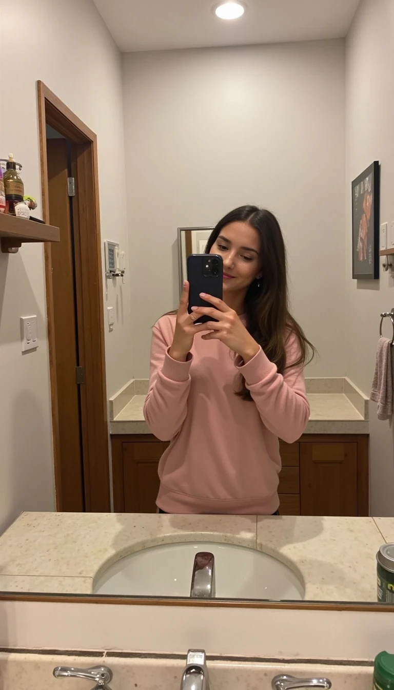 IMG_3434.HEIC, CSTMDL woman mirror selfie in a bathroom, low quality snapchat image shot on phone camera