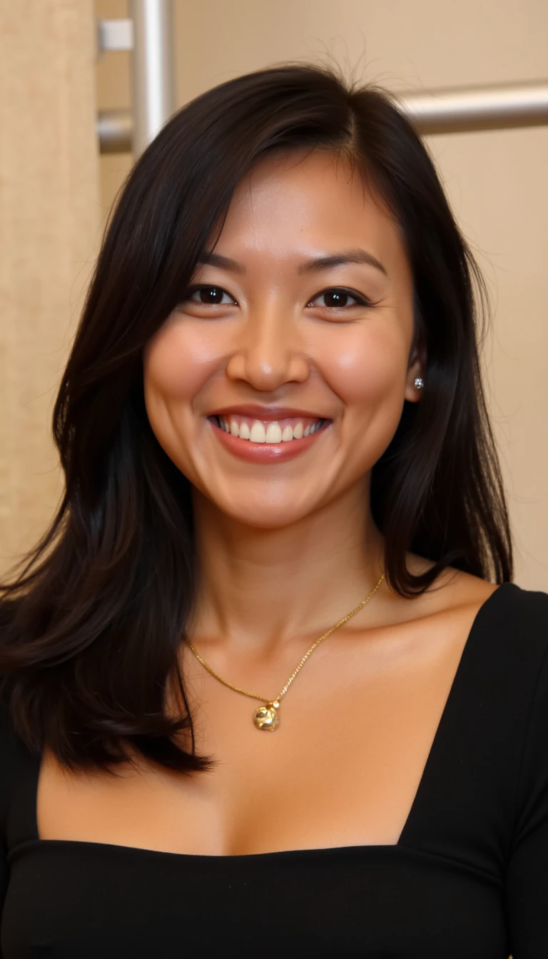 Photograph of a smiling woman with medium brown skin and straight black hair, wearing a black dress with a square neckline. She has small earrings and a gold necklace. Background is a beige wall with a silver curtain rod.