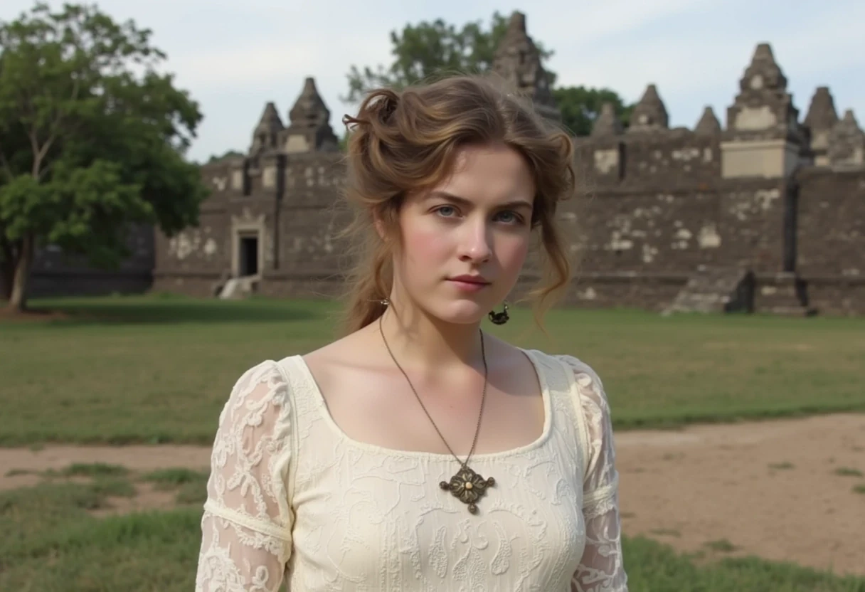 woman CSTMDL, photo ((medium)), brunette, blue eyes, cold smile, 1900 white dress, small pendant, tied hair, big breast, cambodian khmer ruins in background