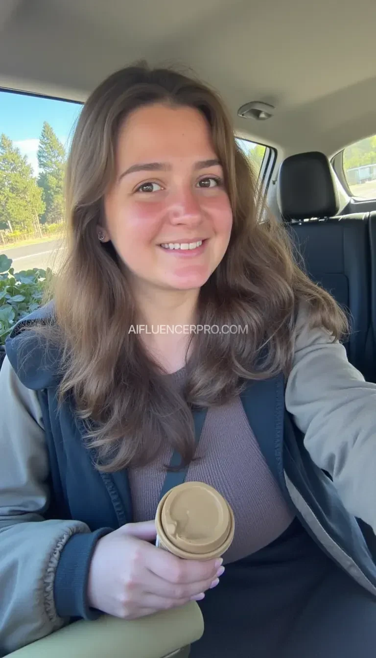 boring low quality snapchat photo circa 2015, A young woman with a warm smile, sitting in the driver's seat of a cozy car. She has soft, wavy brown hair cascading past her shoulders. The sunlight streams through the window, casting a gentle glow on her face. The interior of the car is neat and comfortable, with a coffee cup in the cup holder and a small plant on the dashboard. The background outside the window shows a scenic road lined with trees and blue skies. She is also exposing her boobs and she has nipple piercings. 