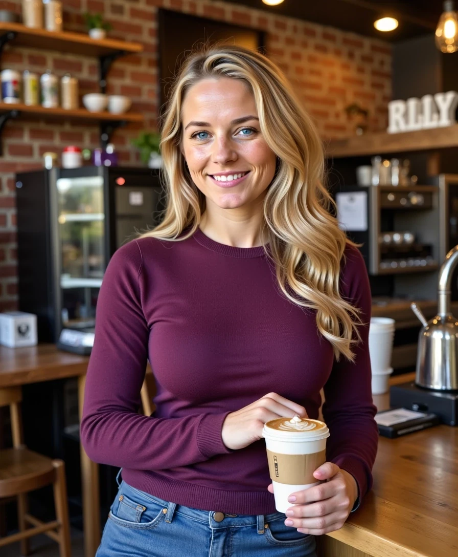 The image is a photograph featuring a young Caucasian woman, CSTMDL, with long, wavy blonde hair, posing in a vibrant Raleigh coffee shop. She wears a form-fitting plum-colored sweater and jeans that contour her curves respectfully, crossing arms on the counter. Her smile is warm and inviting, hair loosely braided, holding a steaming latte. The background features rustic brick walls and warm lighting. Highly detailed, 8K, cozy lifestyle style with deep purples and browns.