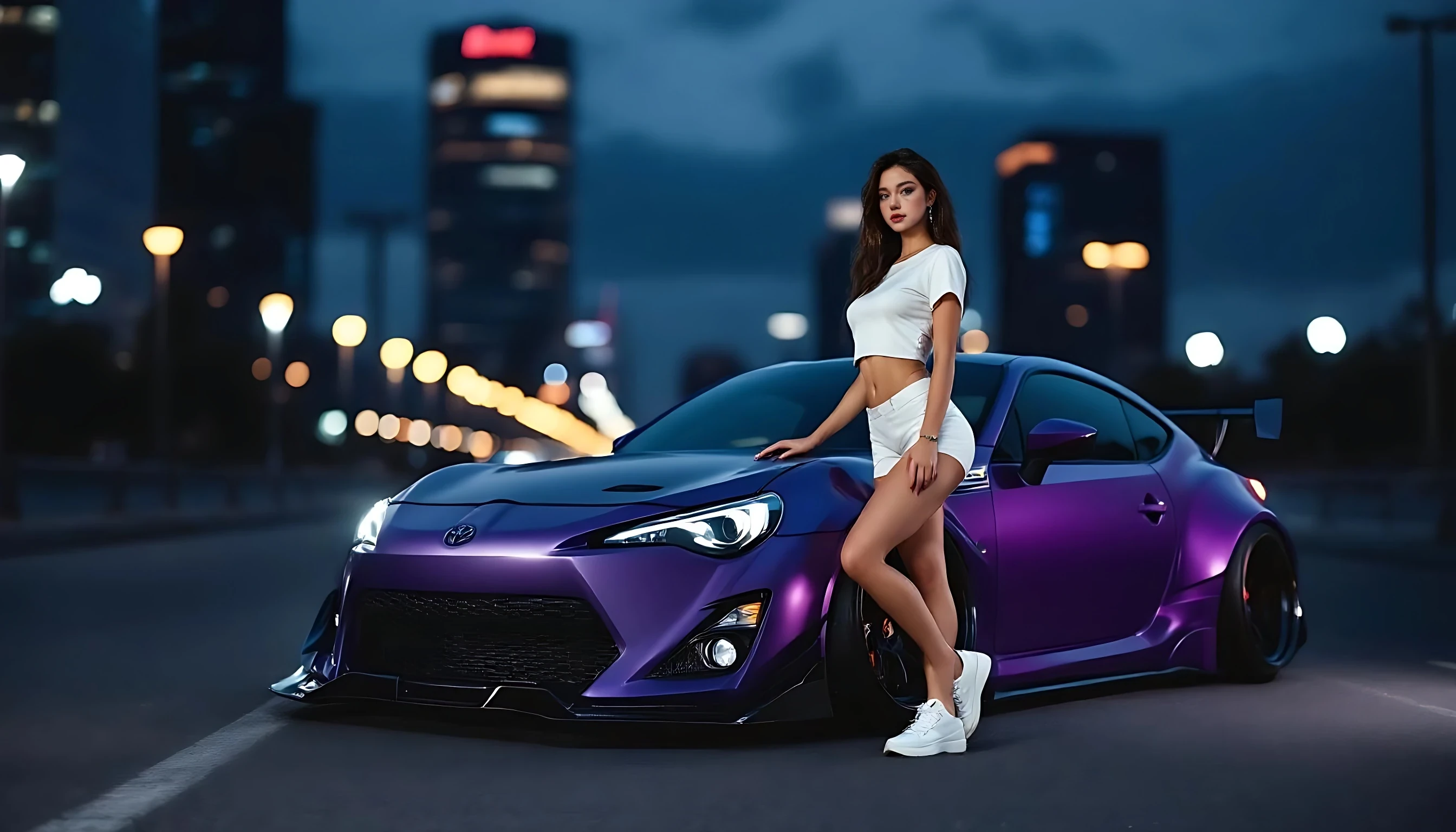 Full-body photo of a woman standing beside a widebody purple Toyota 86 Liberty Walk, wearing a white crop top t-shirt and sneakers, one hand on the car hood, posing confidently in front of city lights at dusk — fashionable and modern car influencer aesthetic. urban car model photoshoot.


negative prompt:  blurry, low resolution, low quality, distorted face, extra limbs, extra fingers, missing fingers, deformed hands, unnatural skin texture, overexposed, underexposed, bad anatomy, disfigured, mutated, duplicate face, fused limbs, exaggerated features, unrealistic eyes, anime style, cartoon, doll-like, glitch, watermark, text, logo, grain, noisy background, jpeg artifacts, lens distortion, fisheye,deformed hands, extra fingers, missing fingers, double face, bad anatomy, blurry face, disfigured, bad proportions, low quality, artifact, mutated limbs, asymmetrical eyes, face distortion, incorrect lighting, extra limbs, low quality, bad anatomy, disfigured, mutated, deformed, extra limbs, extra fingers, missing fingers, blurry face, ugly face, inconsistent face, bad hands, face distortion, body distortion, duplicate face, glitch, watermark, logo, text,no text,no watermark,no extra fingers no blurry face
