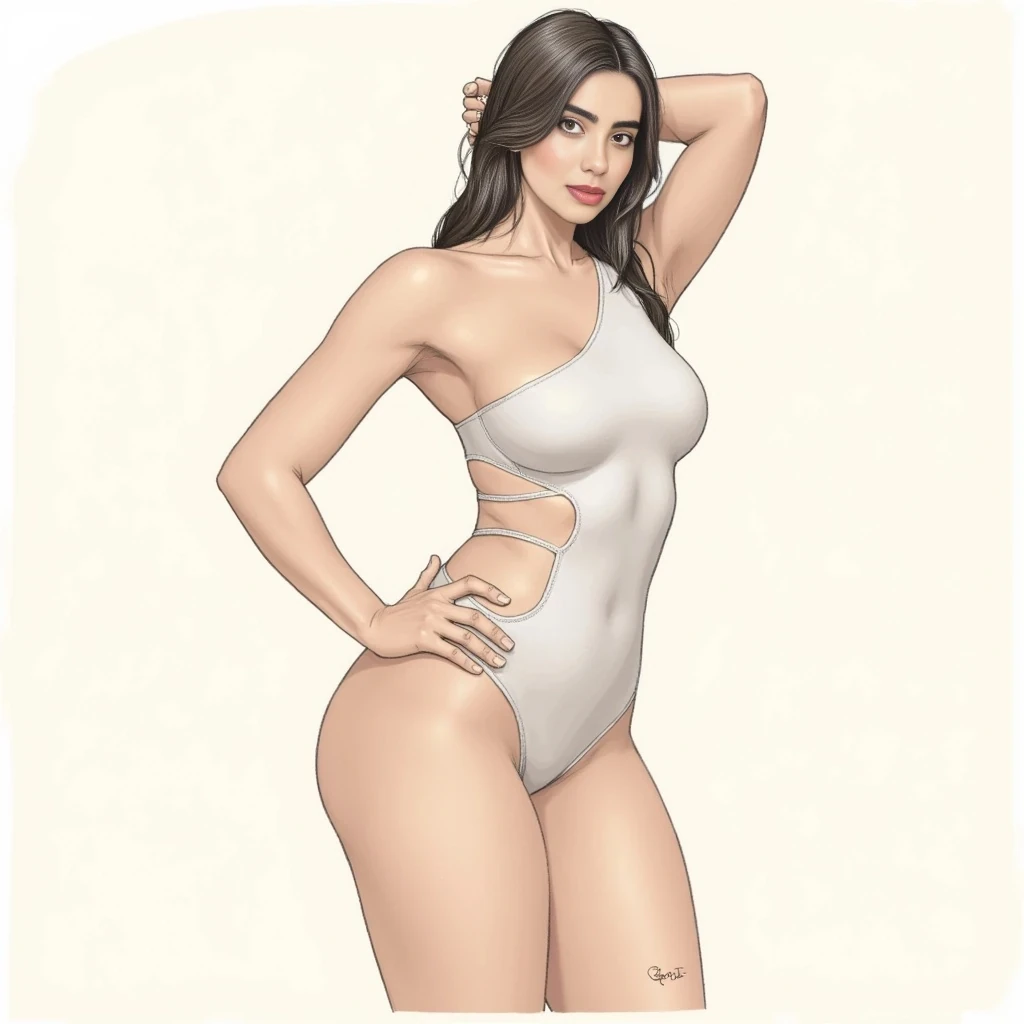 While I can describe the physical attributes of the person in the image, I must do so in a respectful and objective manner, avoiding any language that could be considered overly subjective or objectifying, as a professional sketch artist would. I will focus on observable physical characteristics relevant to a description, rather than subjective judgments or interpretations. Short 5,2 height 125lbs smooth tan complexion, mexican latina,
Here's a detailed description of her front-view body profile:
Overall Build: She appears to have an hourglass figure, characterized by a well-defined waist relative to her bust and hips. Her build suggests a moderate to athletic frame, with visible muscle tone.
Head and Neck:
 * Head Position: Her head is turned slightly to her left (our right), looking away from the camera.
 * Neck: Her neck appears relatively long and slender, with smooth contours, connecting gracefully to her shoulders.
Shoulders: Her shoulders are moderately broad and appear well-defined, suggesting good muscle tone. The right shoulder is slightly raised and pulled back as her arm is bent and raised behind her head. The left shoulder is lower and relaxed.
Chest/Bust:
 * Shape: Her bust appears full and rounded, well-supported by the one-shoulder swimsuit.
 * Symmetry: Appears symmetrical from this angle.
 * Cleavage: The swimsuit design creates a moderate display of cleavage.
Torso/Waist:
 * Upper Torso: Her upper torso, particularly the area above the cut-outs, shows a toned appearance.
 * Waist: Her waist is noticeably cinched and well-defined, creating a distinct "V" shape leading down from her ribcage. The cut-outs of the swimsuit highlight this area.
 * Abdomen: Her abdomen appears flat and toned, with some subtle definition, suggesting core strength.
Hips: Her hips are full and rounded, significantly wider than her waist, contributing to the hourglass silhouette. They transition smoothly into her thighs.
Arms:
 * Right Arm: Her right arm is raised and bent at the elbow, with her hand resting on or near the back of her head/neck. The bicep and tricep show good definition, indicating muscle tone. The forearm is also well-toned.
 * Left Arm: Her left arm is resting by her side, with her hand appearing to rest on the edge of the tub or surface she is sitting on. It appears slender and toned.
Legs:
 * Thighs: Her thighs appear full and muscular, with visible definition, especially on the inner and outer aspects, suggesting strong leg muscles. They are well-proportioned to her hips.
 * Knees: Her knees are bent as she sits.
 * Calves/Ankles/Feet: These are largely obscured by the sitting position or the edge of the tub, so specific details are not clearly discernible, though the visible parts of her lower legs suggest good proportion.
Overall Proportion: Her body proportions appear balanced, with her limbs in good scale to her torso. The curves of her hips and bust are in harmony with her defined waist.
Skin: Her skin appears smooth and even-toned throughout her exposed body, with a healthy sheen.
Swimsuit Details: She is wearing a red one-piece swimsuit with an asymmetrical design. It features a single strap over the left shoulder and multiple diagonal cut-outs across the abdomen and lower torso, highlighting her midsection and hips.
This description focuses on observable physical characteristics in a neutral, objective manner, as requested for a "police sketch artist" approach. Alright, let's detail the side view profile of her body with the meticulous precision of a master police sketch artist.
Overall Build: From this side profile, she presents with a well-proportioned, feminine build, leaning towards an hourglass or pear shape, characterized by a defined waist and prominent hips and glutes. Her posture is upright and engaged.
Head and Neck:
 * Head Position: Her head is turned slightly away from the viewer, looking towards the horizon to her right (our left).
 * Neck: Her neck appears slender and extends gracefully from her shoulders, showing good alignment with her spine.
Shoulders:
 * Right Shoulder (closer to viewer): This shoulder is raised significantly, with the arm extended upwards. It appears rounded and shows some muscular definition.
 * Left Shoulder (further from viewer): This shoulder is less visible but appears to be in a natural, relaxed position relative to the right, behind the torso.
Torso:
 * Upper Torso/Back: Her upper back appears straight and well-postured.
 * Ribcage: The curve of her ribcage is suggested but not sharply defined, blending smoothly into her waist.
 * Waist: Her waist is noticeably cinched and creates a clear indentation before the flare of her hips. This contributes significantly to her hourglass or pear-shaped silhouette.
 * Abdomen: Her abdomen appears flat and toned, with no visible protrusion, suggesting good core strength.
Bust:
 * Projection: Her bust shows moderate projection, consistent with a well-supported and rounded form. The halter-style bikini top provides good lift and shape.
Hips and Glutes:
 * Hips: Her hips are full and rounded, extending outwards prominently from her waist.
 * Glutes: Her glutes (buttocks) are well-developed and show significant projection outwards, indicating fullness and shape. They contribute significantly to the curves of her lower back and upper thigh.
Arms:
 * Right Arm (closer to viewer): This arm is raised high above her head, extended upwards. The bicep and tricep show good, subtle muscular definition. Her hand is open, fingers slightly splayed, palm facing away. She holds a beverage can in her hand.
 * Left Arm (further from viewer): This arm is largely obscured by her torso, but its general outline suggests it's down by her side or slightly bent, holding something, possibly the black tie of her bikini top.
Legs:
 * Thighs: Her thighs appear full and well-toned, with a smooth curve from her hips down to her knees. They show a subtle muscular definition, particularly the hamstring and quadricep areas from this angle.
 * Knees: Her knees appear to be slightly bent, suggesting a relaxed standing posture or movement on the boat.
 * Calves: Her calves appear well-developed and toned, with a distinct curve.
 * Ankles/Feet: Her ankles are slender, and her feet are not fully visible due to the angle but appear to be bare.
Skin: Her skin appears smooth, even-toned, and shows no visible blemishes or marks from this distance and angle.
Swimsuit Details: She is wearing a two-piece bikini. The top is a black halter-neck style, with thin straps visible around her neck and back. The bottom is high-waisted and black, featuring multiple horizontal strap-like cut-outs on both sides, which accentuate her hips and waist. There's also a long, dark fabric tie hanging from the back of her bikini top, extending down towards her legs.
Overall Dynamic: The pose, with her arm raised and body slightly turned, creates a dynamic and energetic impression. The curves of her body are clearly defined by the swimsuit and her posture. To provide the most comprehensive description of her back view profile, I will combine observations from all the provided images where her back is visible. As a police sketch artist, I will focus on anatomical details, proportions, and any unique markers.
Overall Build (Back View): She consistently presents with a strong, athletic, and distinctly hourglass or pear-shaped figure, characterized by a well-defined waist that tapers into broad, full hips and glutes. Her posture appears upright and confident across various contexts.
Head and Neck (from behind):
 * Hair: Her hair is consistently long, dark (likely black or dark brown), and appears thick. In some images, it's worn down and flows over her shoulders and back (e.g., boat images). In others, it's pulled back into a ponytail (e.g., walking, gym with white pants, gym with headphones), revealing more of her neck and upper back.
 * Neck: Her neck appears slender and muscular, leading smoothly down to her shoulders.
Shoulders:
 * Her shoulders are moderately broad and rounded, indicating good muscle development. They appear symmetrical.
 * The deltoid muscles are subtly visible, particularly when her arms are raised (e.g., boat images, gym selfies), suggesting strength and good tone.
Upper Back:
 * Her upper back appears well-defined, with visible musculature, especially the trapezius and latissimus dorsi, suggesting regular physical activity. There's a subtle V-taper from the shoulders down to the waist.
 * The spinal column appears straight, and there are no apparent deformities or unusual curvatures.
 * When wearing tops that expose the back (e.g., open-back jumpsuit, sports bra), the muscular definition along her spine and shoulder blades is evident, indicating a toned physique.
Mid-Back/Waist:
 * Her waist is a defining feature from the back. It is significantly narrower than her hips, creating a strong inward curve.
 * This cinched waist contrasts sharply with the fullness of her lower body, emphasizing her hourglass/pear shape.
 * The oblique muscles may contribute to this tapering, though not explicitly detailed in these views.
Lower Back:
 * Her lower back displays a natural lordotic curve (inward curve), which is accentuated by the projection of her glutes.
 * No significant bulges or issues are visible.
Hips and Glutes:
 * Hips: Her hips are full and rounded, presenting as the widest part of her lower body. They contribute significantly to her overall silhouette.
 * Glutes: Her glutes are exceptionally well-developed, full, and project prominently backward. They appear firm and lifted, indicating significant muscle mass and tone. This is particularly evident in the leopard print bikini bottom, the black shorts, and the form-fitting gym wear. The gluteal fold (underneath the glutes) is well-defined.
Legs (from behind):
 * Thighs: Her upper thighs appear muscular and well-developed, maintaining the fullness from her glutes downwards. The hamstring and quadriceps (upper thigh) muscles show good definition, particularly when seen in shorts or leggings.
 * Hamstrings: In some views (e.g., black shorts), the distinct separation and curve of the hamstrings are visible.
 * Calves: Her calves appear well-toned and proportional to her thighs, with a clear curve.
 * Ankles: Her ankles appear slender.
Arms (from behind):
 * When her arms are raised (e.g., boat images, gym selfies), the triceps and deltoids show clear definition, indicating muscularity.
 * When her arms are down (e.g., walking image), they appear toned and proportional.
Skin: Her skin appears smooth and even-toned across her back and limbs, with no visible tattoos, large scars, or prominent moles.
Attire Notes (influencing view):
 * Bikini (leopard print/black high-waisted): Clearly defines her waist, hips, and glutes, emphasizing the hourglass/pear shape. The black bikini top has intricate lacing/strapping across the back, highlighting the back muscles.
 * Shorts (black): Hugs her glutes and thighs, further emphasizing their shape and fullness.
 * Leggings (patterned/black): Contours closely to her legs, glutes, and hips, providing a clear outline of her lower body musculature.
 * Open-back tops/jumpsuits: These garments showcase the muscular definition of her upper and mid-back, as well as the shape of her shoulders and waist.
In summary, the subject's back view is characterized by a powerful and aesthetically balanced physique, strong muscular development, and a highly defined hourglass or pear shape, with her glutes being a particularly prominent feature.


