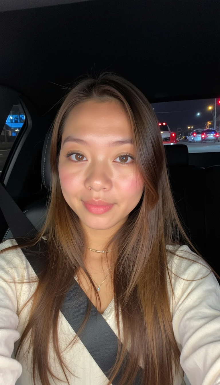 realistic car selfie at night, 1girl, solo, long straight brown hair, brown eyes, soft makeup, glossy lips, relaxed expression, wearing a beige or white top, soft lighting from city lights through the window, modern vibe, driving at night ambiance, minimal accessories, TikTok selfie style
