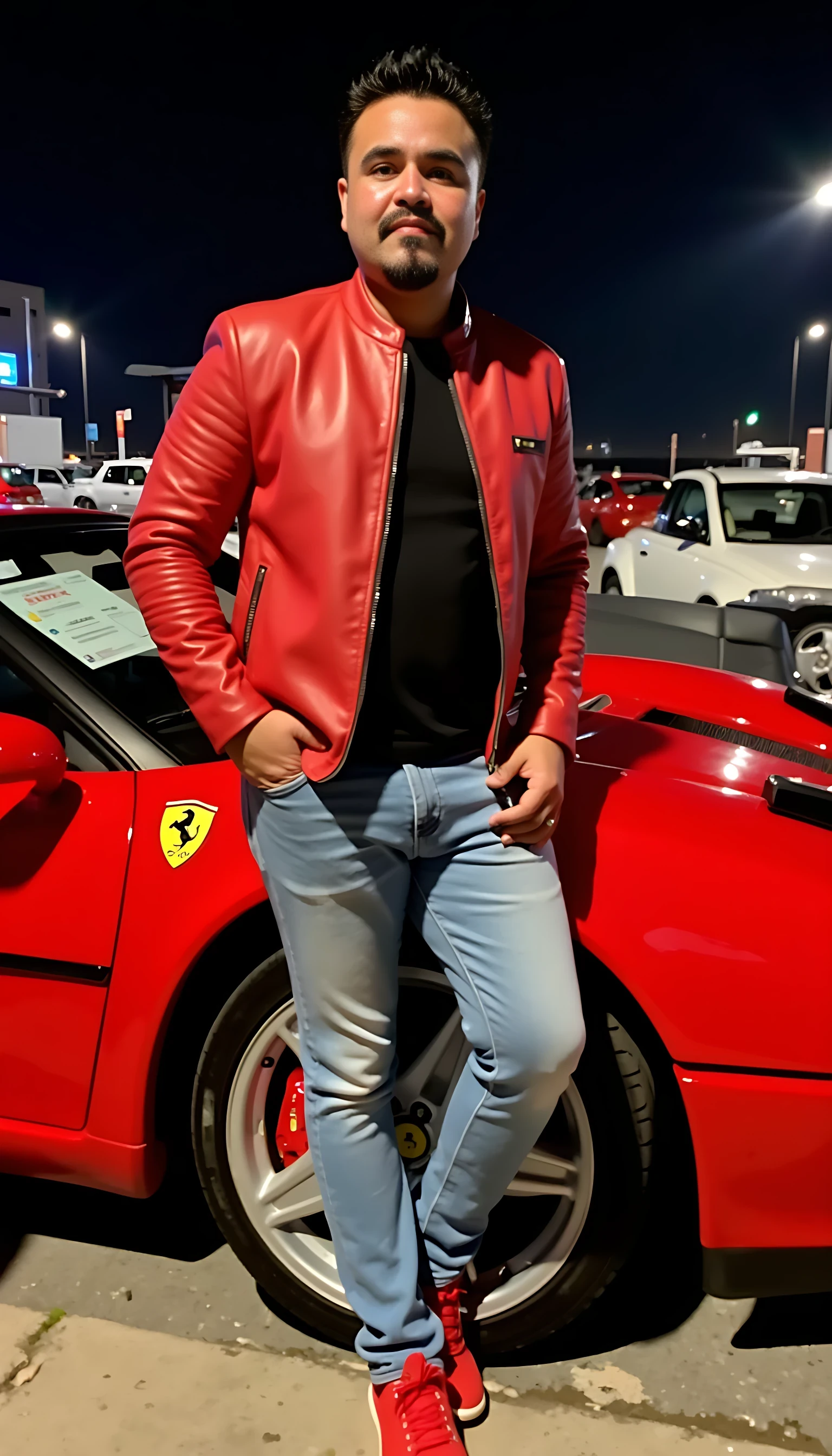 CSTMDL average body wearing a black dress shirt and  a red leather jacket with a Ferrari logo and light blue jeans red tenis shoes standing in front of a red Ferrari car with city night lights in the background 