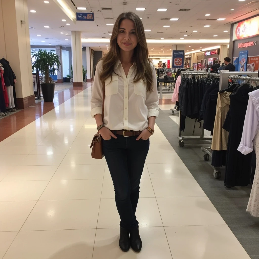 boring low quality snapchat photo circa 2015, average looking woman, full outfit, standing, soft light brown hair, mall background