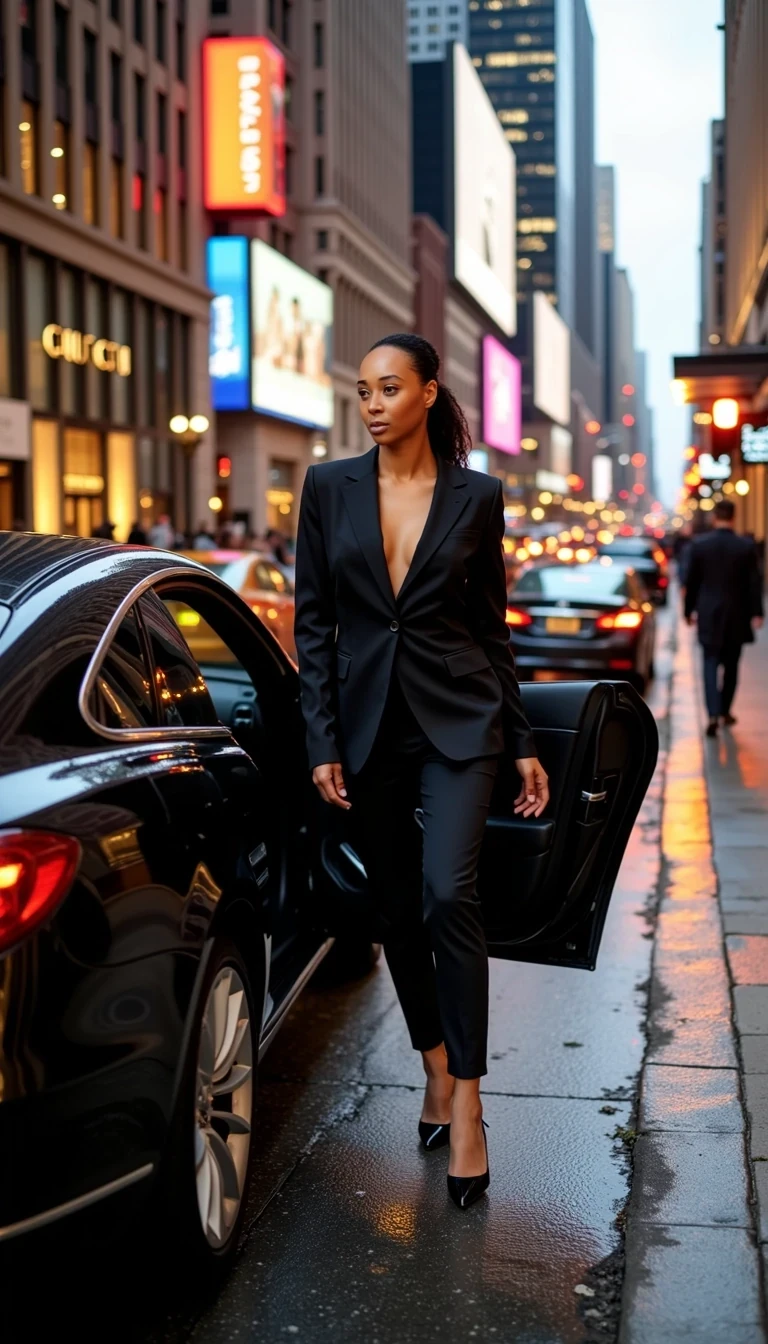 Lumere steps out of a sleek black luxury car parked along Fifth Avenue in Manhattan, New York. The city hums around her — the low rumble of taxis, the distant honk of horns, and the rhythmic tap of designer heels echoing off the glass façades. Neon reflections dance across the car’s polished surface, mirroring the towering skyscrapers and glowing storefronts of Gucci, Cartier, and Louis Vuitton.
She pauses briefly beside the open car door, the soft interior lights casting a warm glow against the cool city dusk. Her Gucci outfit — crisp, elegant, and meticulously styled — catches the light from passing traffic, hinting at understated opulence. Pedestrians turn their heads subtly, drawn by the quiet confidence in her presence.
Behind her, a light breeze stirs the New York evening — billboards flicker, a doorman in a black coat stands ready by a revolving glass door, and the golden city lights shimmer on rain-damp pavement. The entire moment feels cinematic: the essence of wealth, ambition, and grace framed by Manhattan’s electric pulse